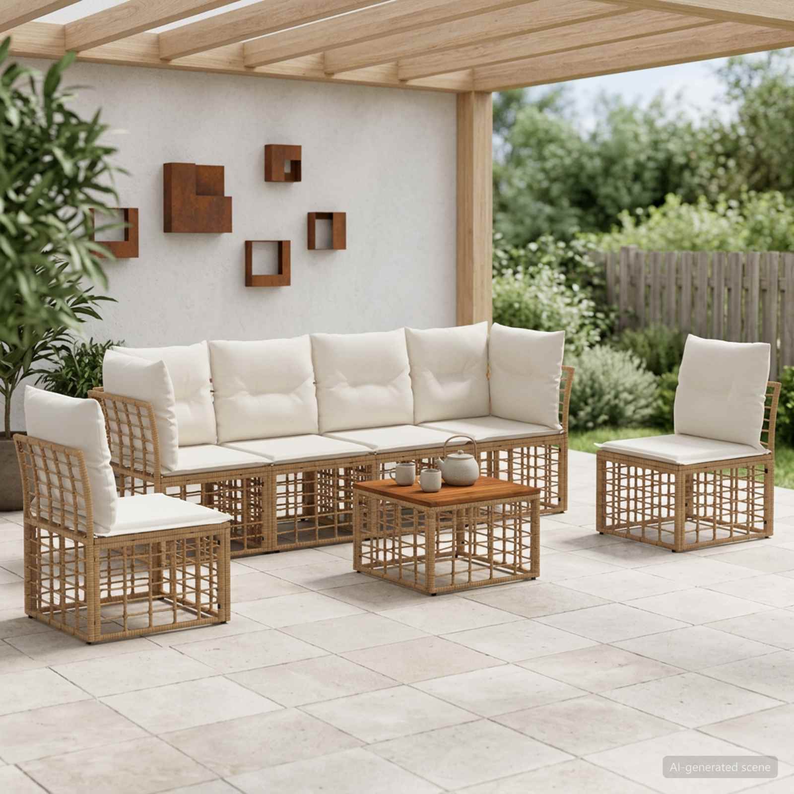 Set di divani da esterno 7 pcs Naturale e Bianco Crema | homemem39