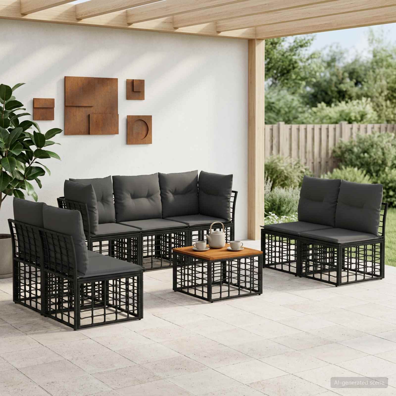 Set di divani da esterno 8 pcs Nero e Grigio scuro Poliestere | homemem39