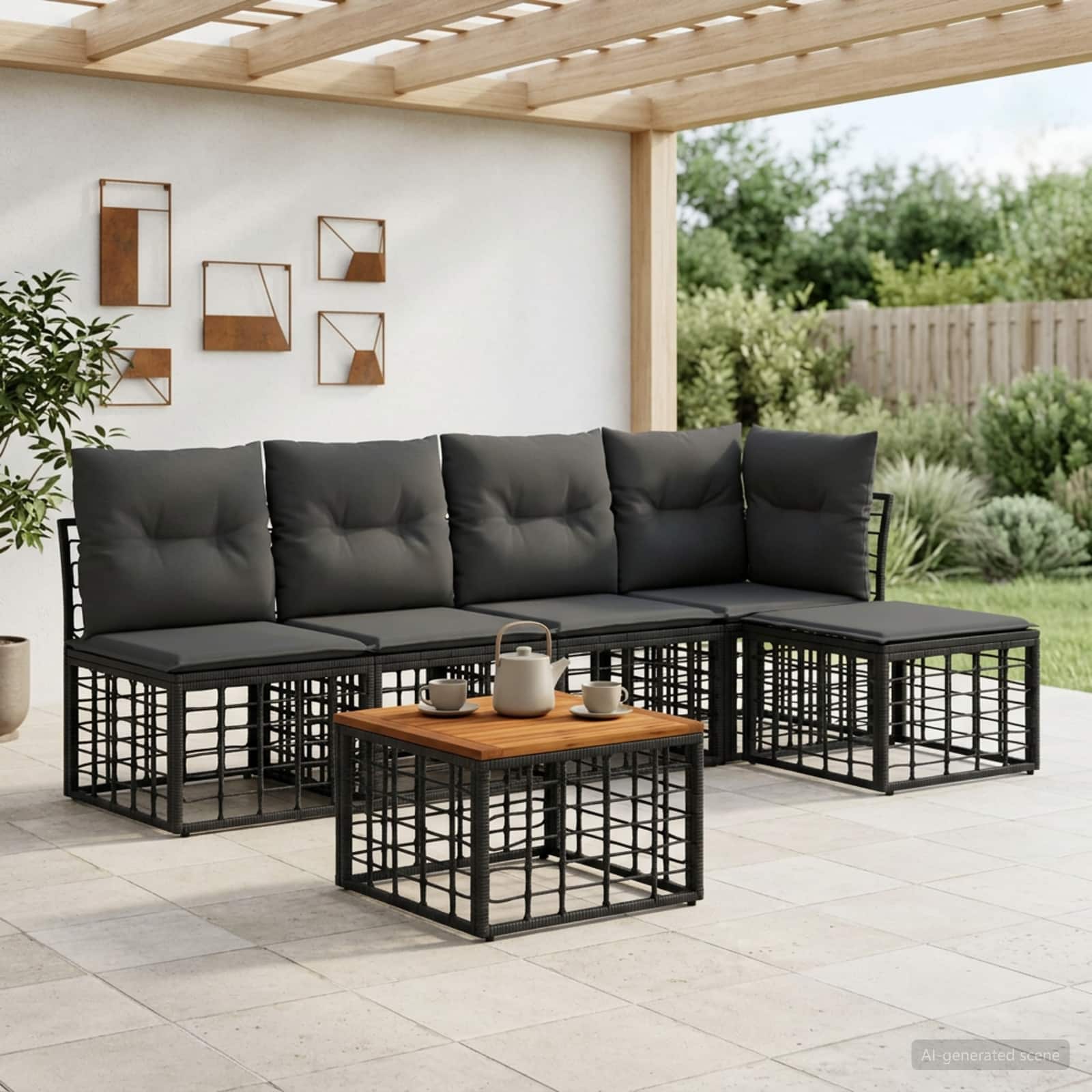 Set di divani da esterno 6 pcs Nero e Grigio scuro Poliestere | homemem39