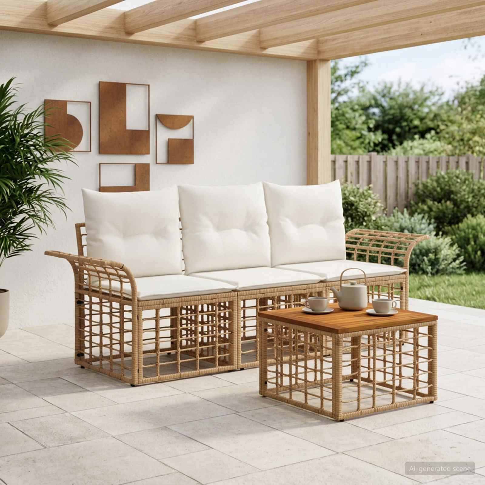 Set di divani da esterno 4 pcs Naturale e Bianco Crema | homemem39