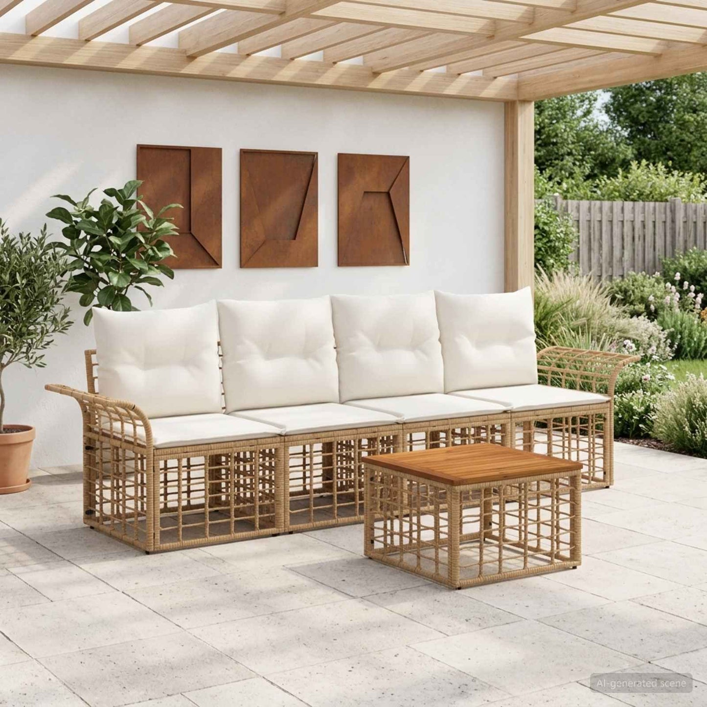 Set di divani da esterno 5 pcs Naturale e Bianco Crema