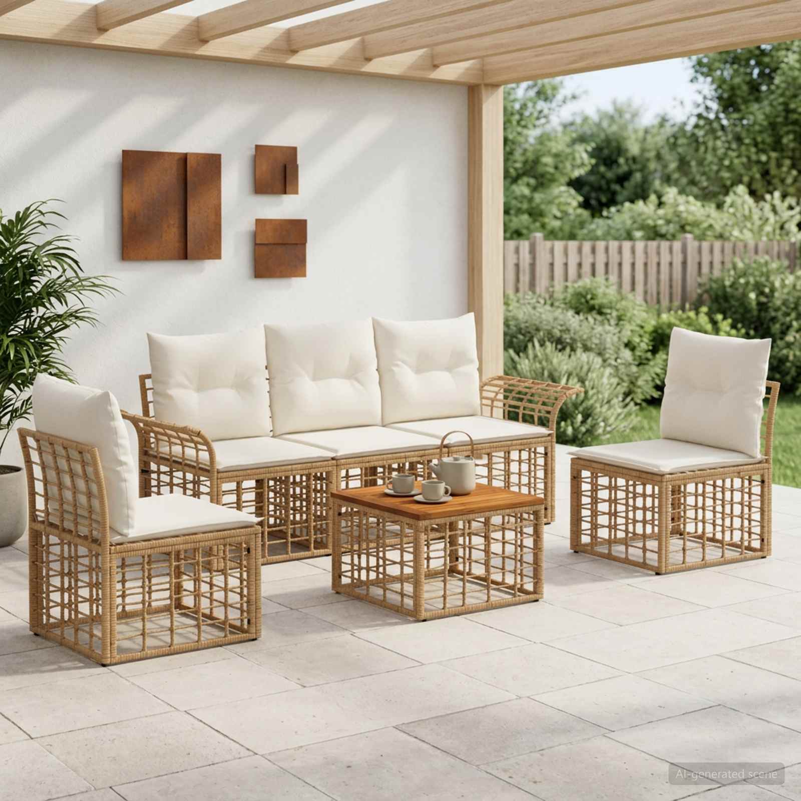 Set di divani da esterno 6 pcs Naturale e Bianco Crema | homemem39