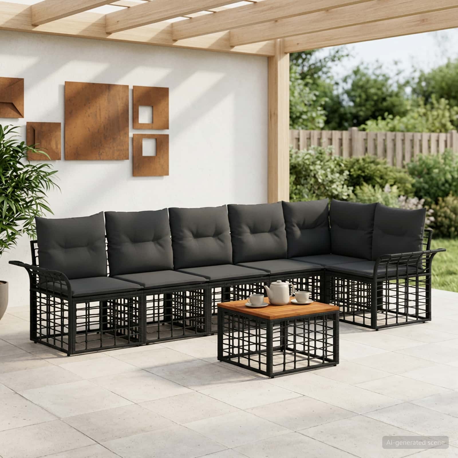 Set di divani da esterno 7 pcs Nero e Grigio scuro Poliestere | homemem39