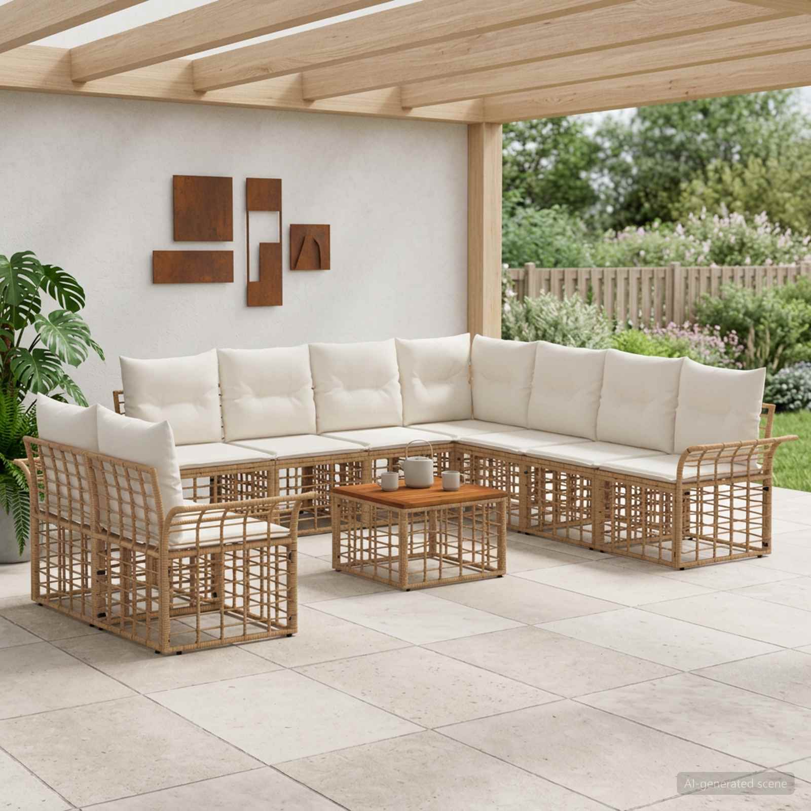 Set di divani da esterno 10 pcs Naturale e Bianco Crema | homemem39
