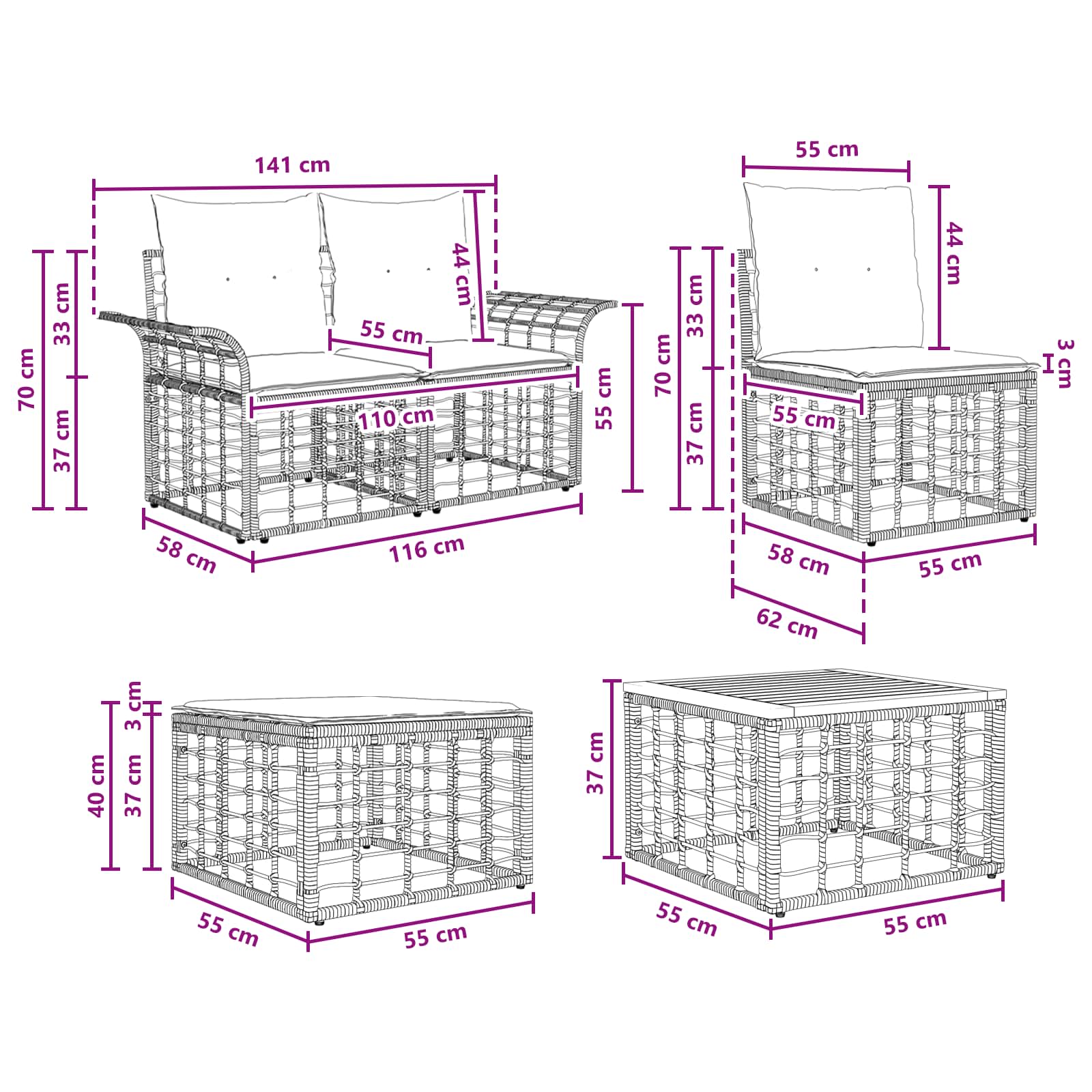 Set di divani da esterno 7 pcs Nero e Grigio scuro Poliestere | homemem39