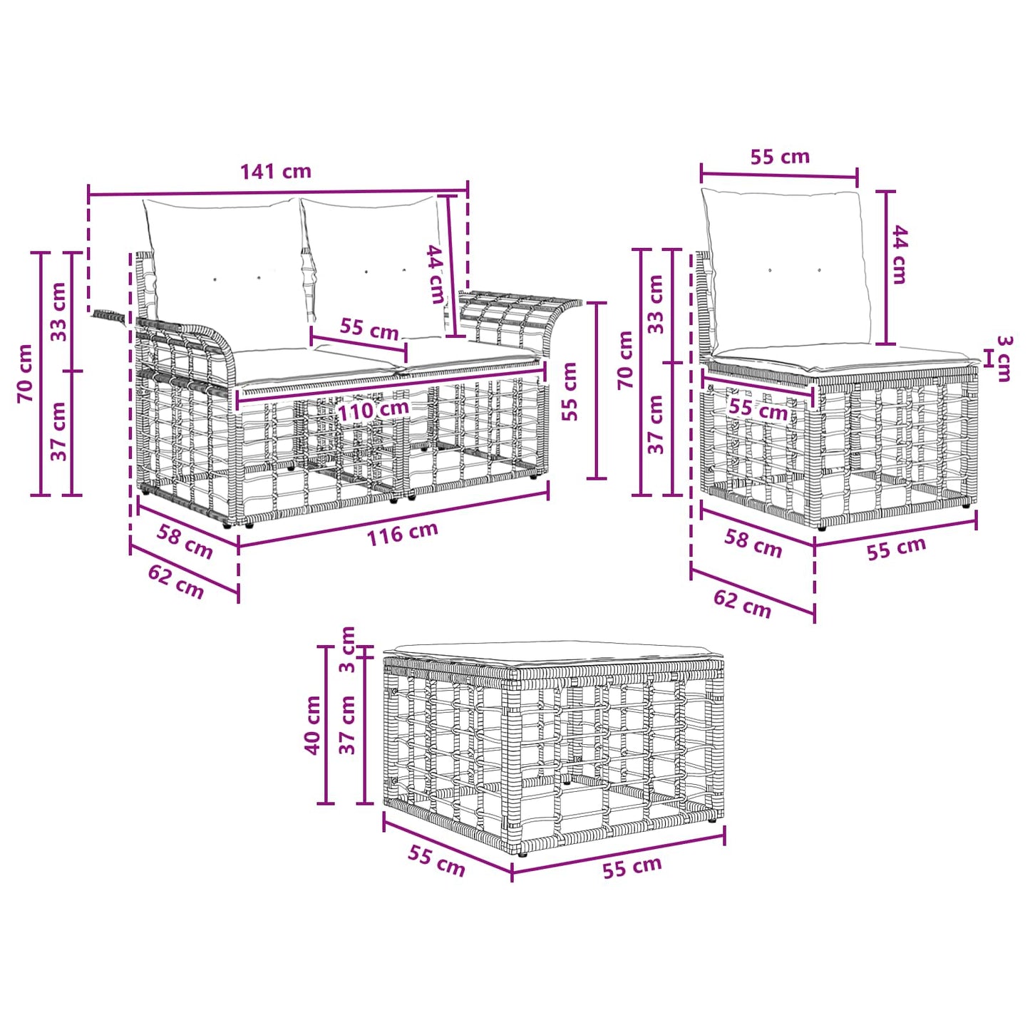 Set di divani da esterno 9 pcs Nero e Grigio scuro Poliestere | homemem39