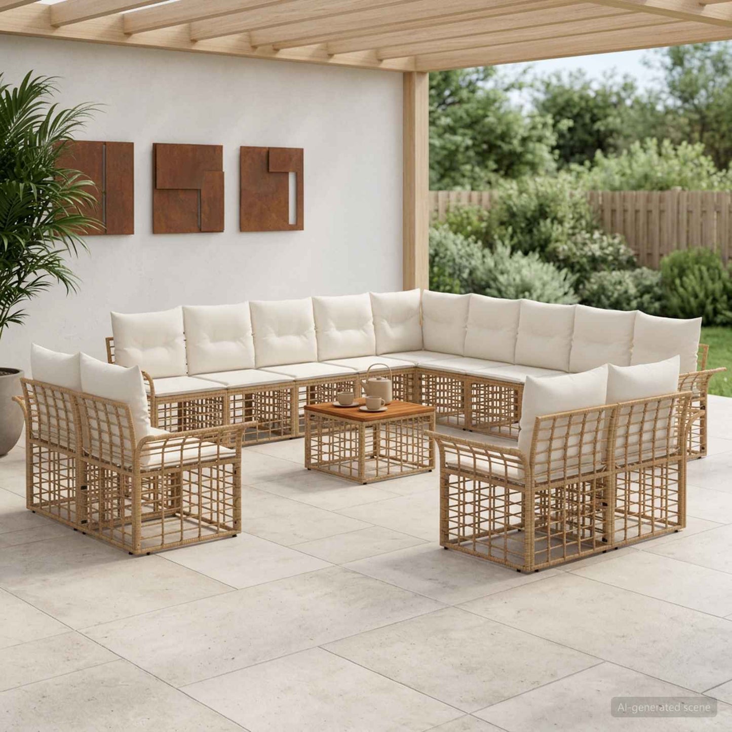 Set di divani da esterno 14 pcs Naturale e Bianco Crema