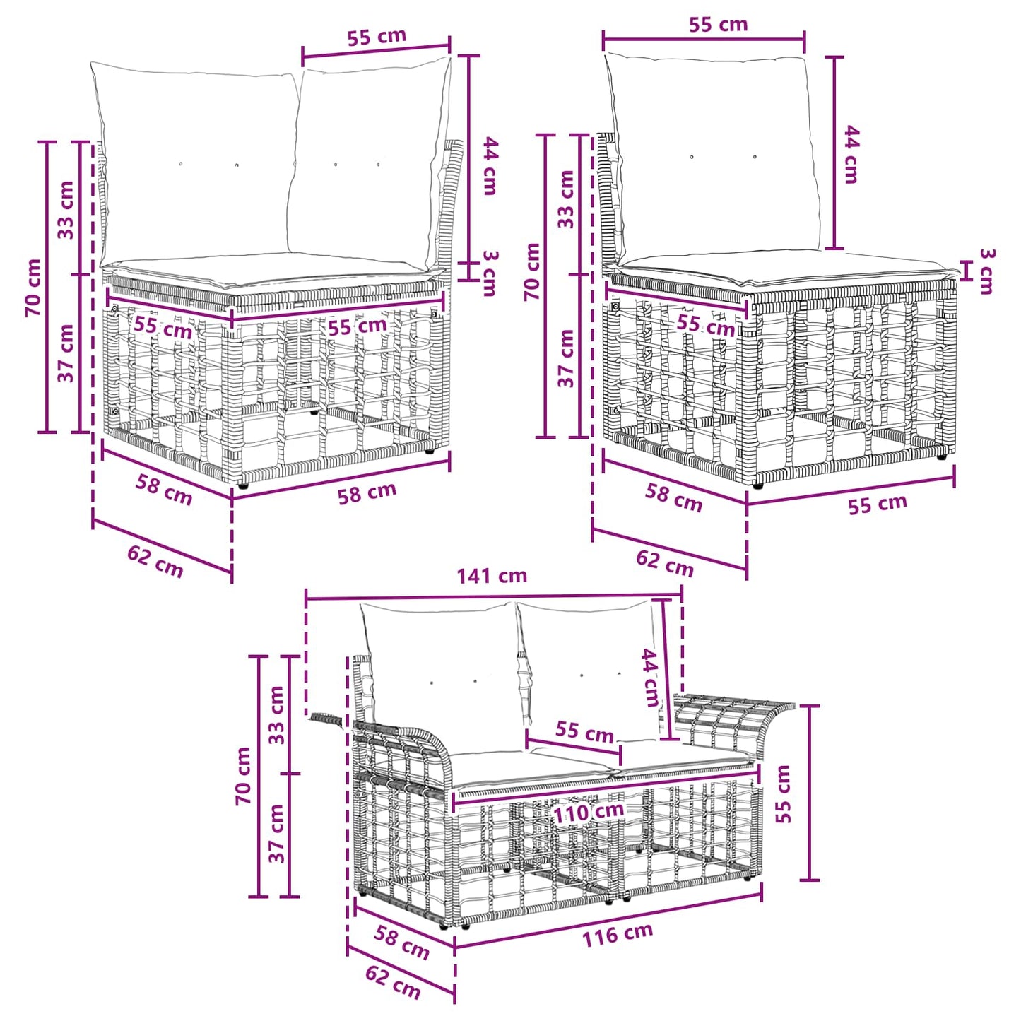 Set di divani da esterno 8 pcs Naturale e Bianco Crema