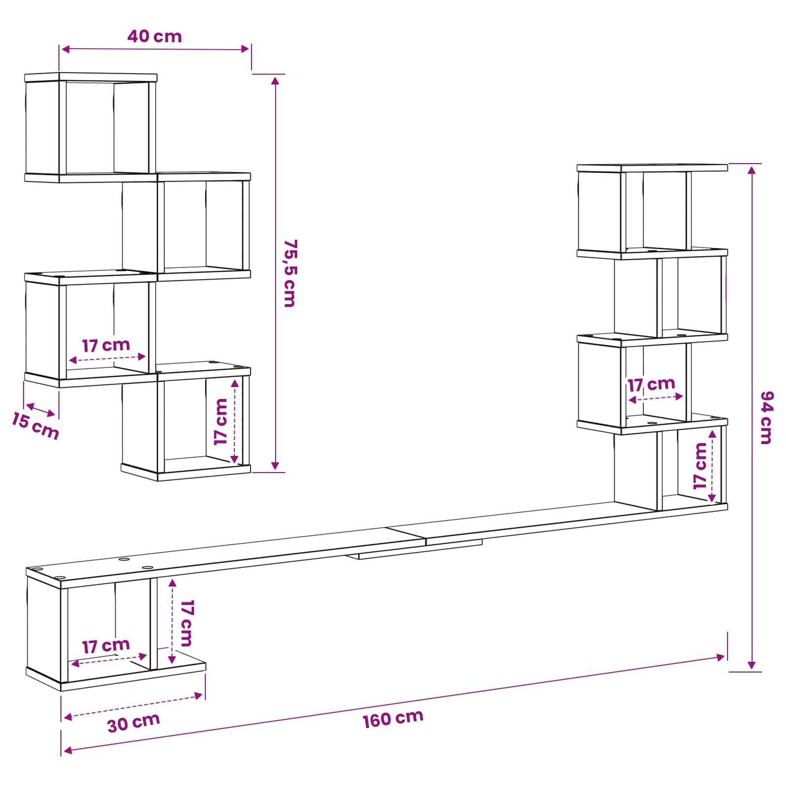 Mensola per TV da muro Rovere Nero 160 x 15 x 94 cm | homemem39