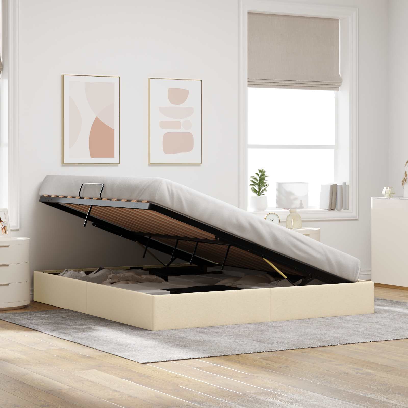 Letto ottomano con archiviazione Crema 160 x 200 cm Tessuto | homemem39
