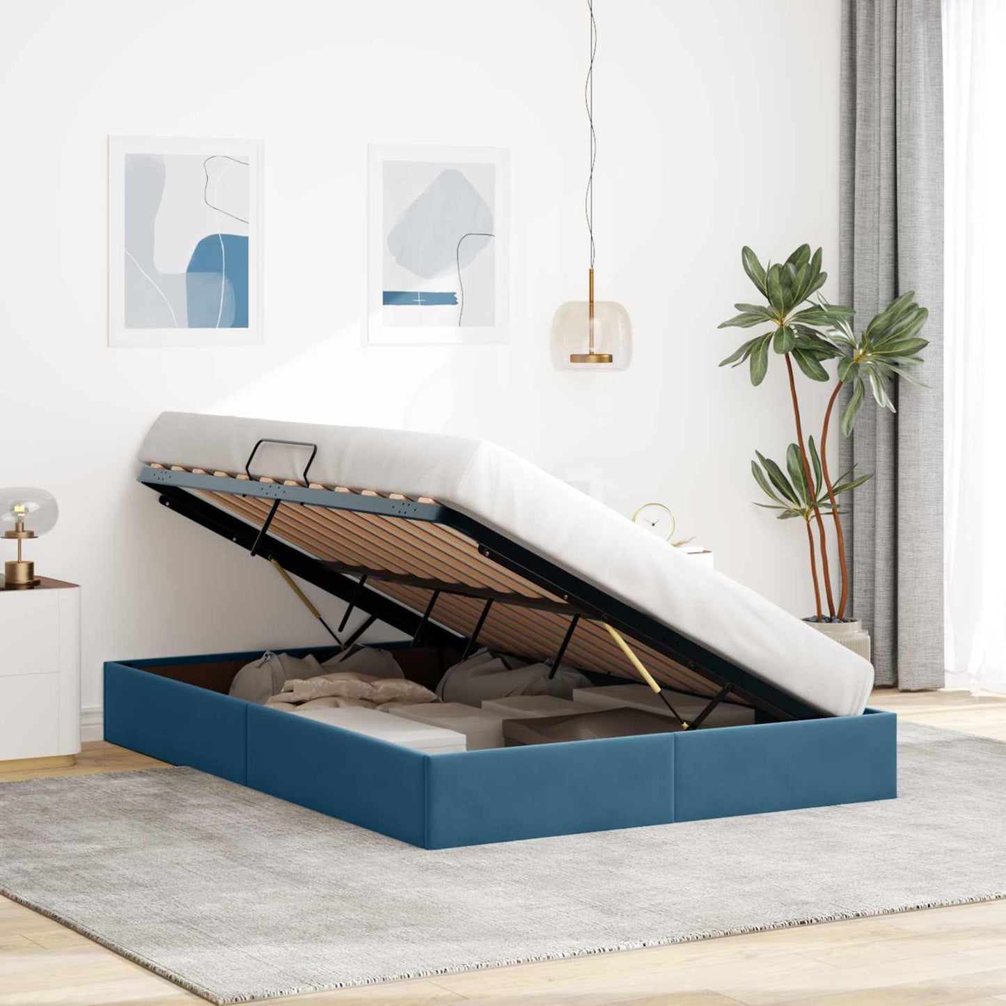 Letto ottomano con archiviazione Blu Scuro 140 x 200 cm Velluto | homemem39