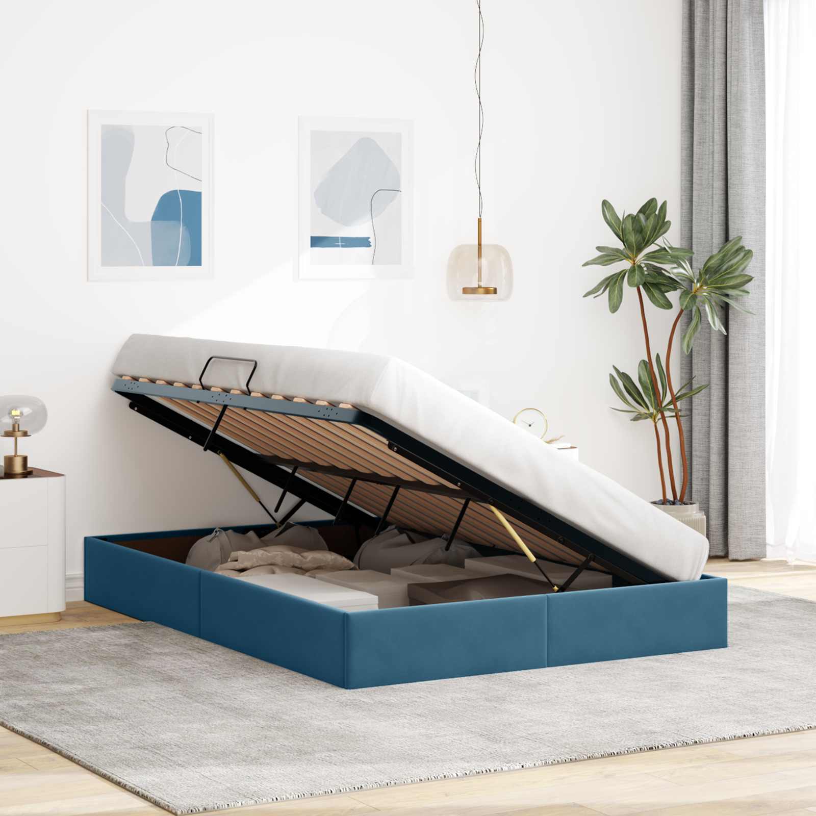 Letto ottomano con archiviazione Blu Scuro 140 x 200 cm Velluto | homemem39
