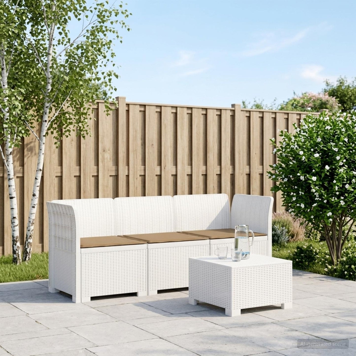 Divano da giardino 3 posti con cuscini in look rattan PP Bianco | homemem39