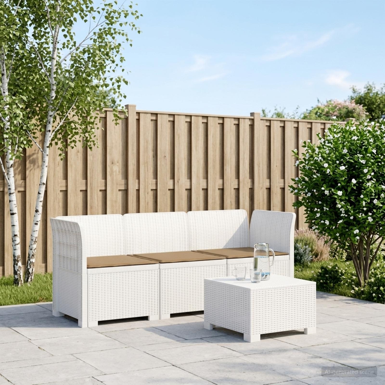 Divano da giardino 3 posti con cuscini in look rattan PP Bianco | homemem39