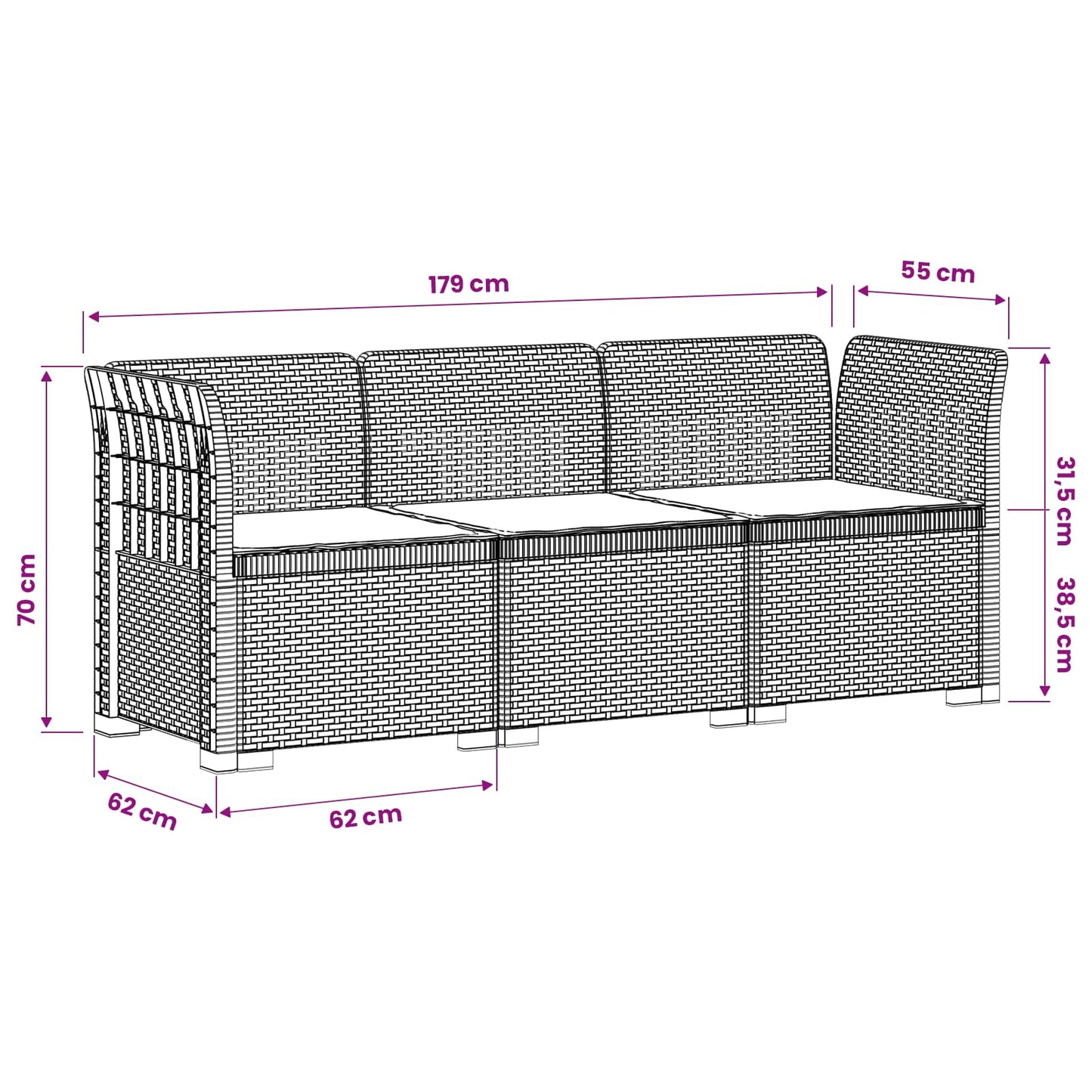 Divano da giardino 3 posti con cuscini in look rattan PP Bianco | homemem39