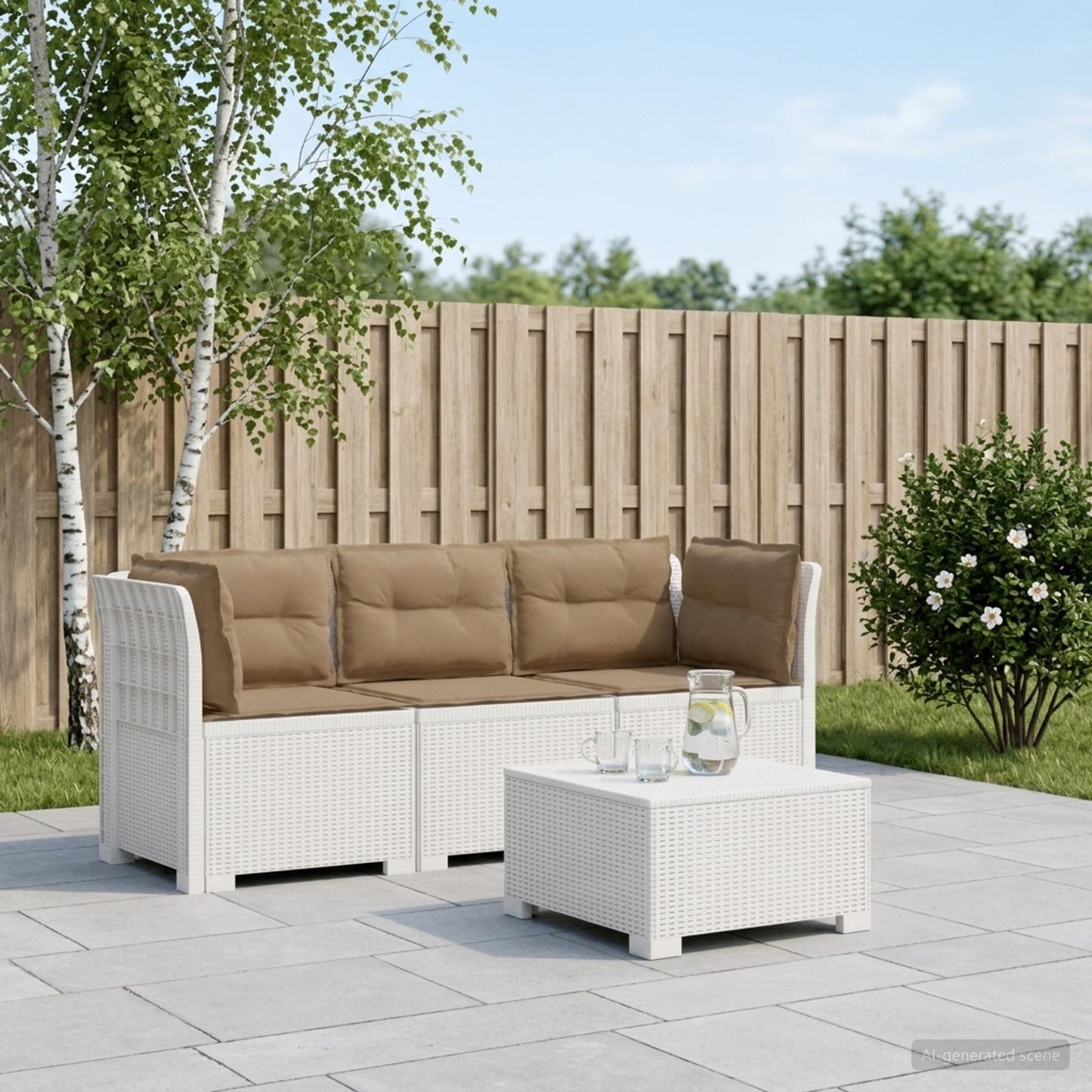 Divano da giardino 3 posti con cuscini in look rattan PP Bianco | homemem39