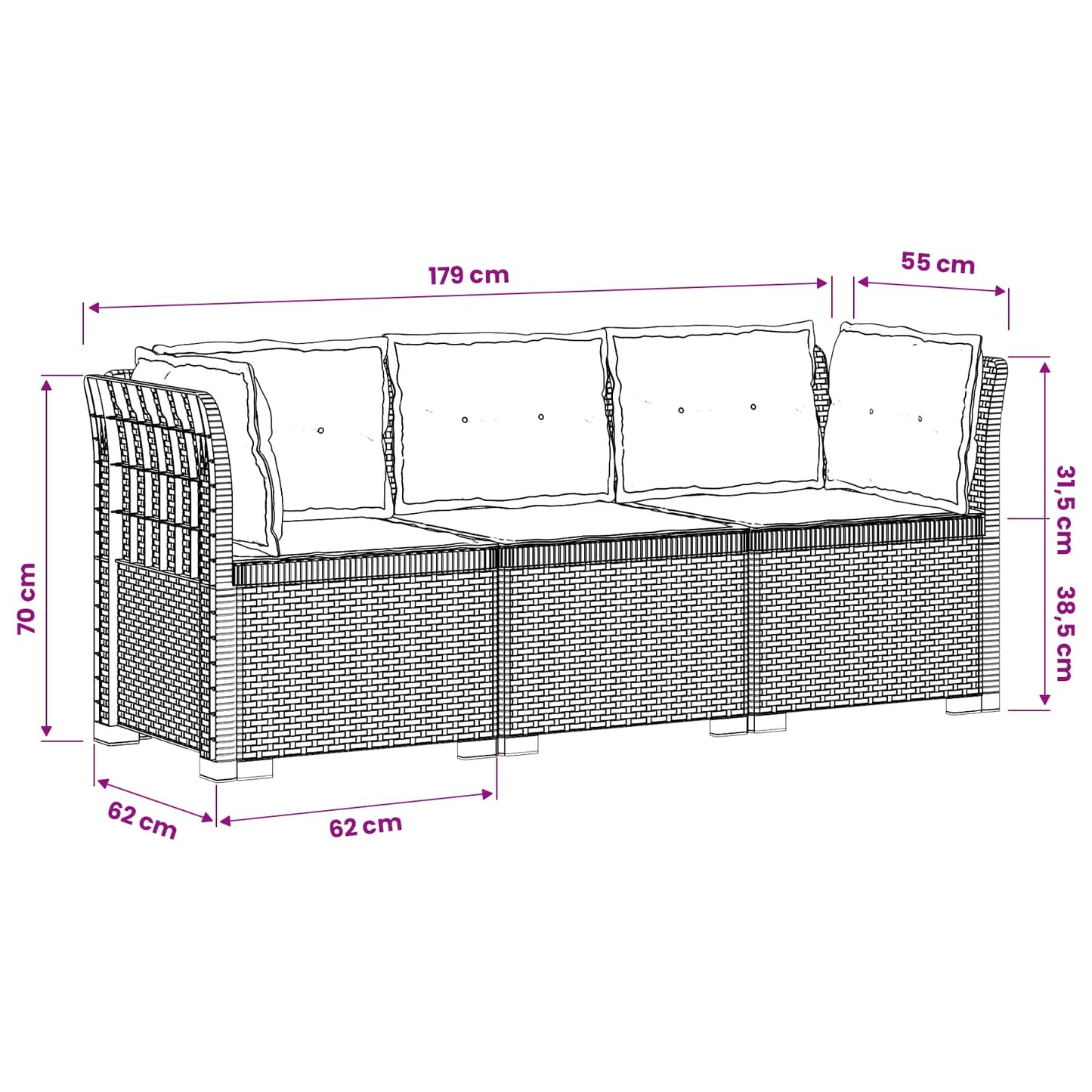 Divano da giardino 3 posti con cuscini in look rattan PP Bianco | homemem39