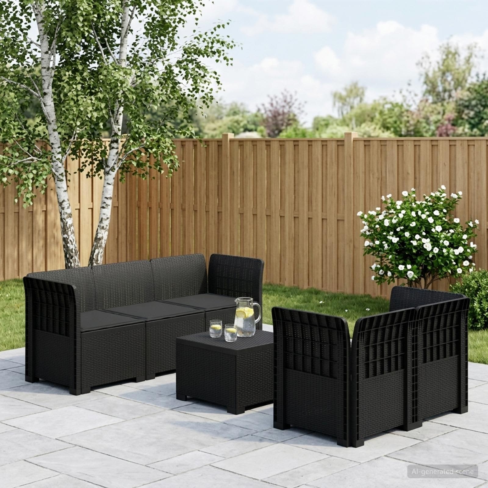 Divano da Giardino 5 Posti con Cuscini Stile Rattan PP | homemem39