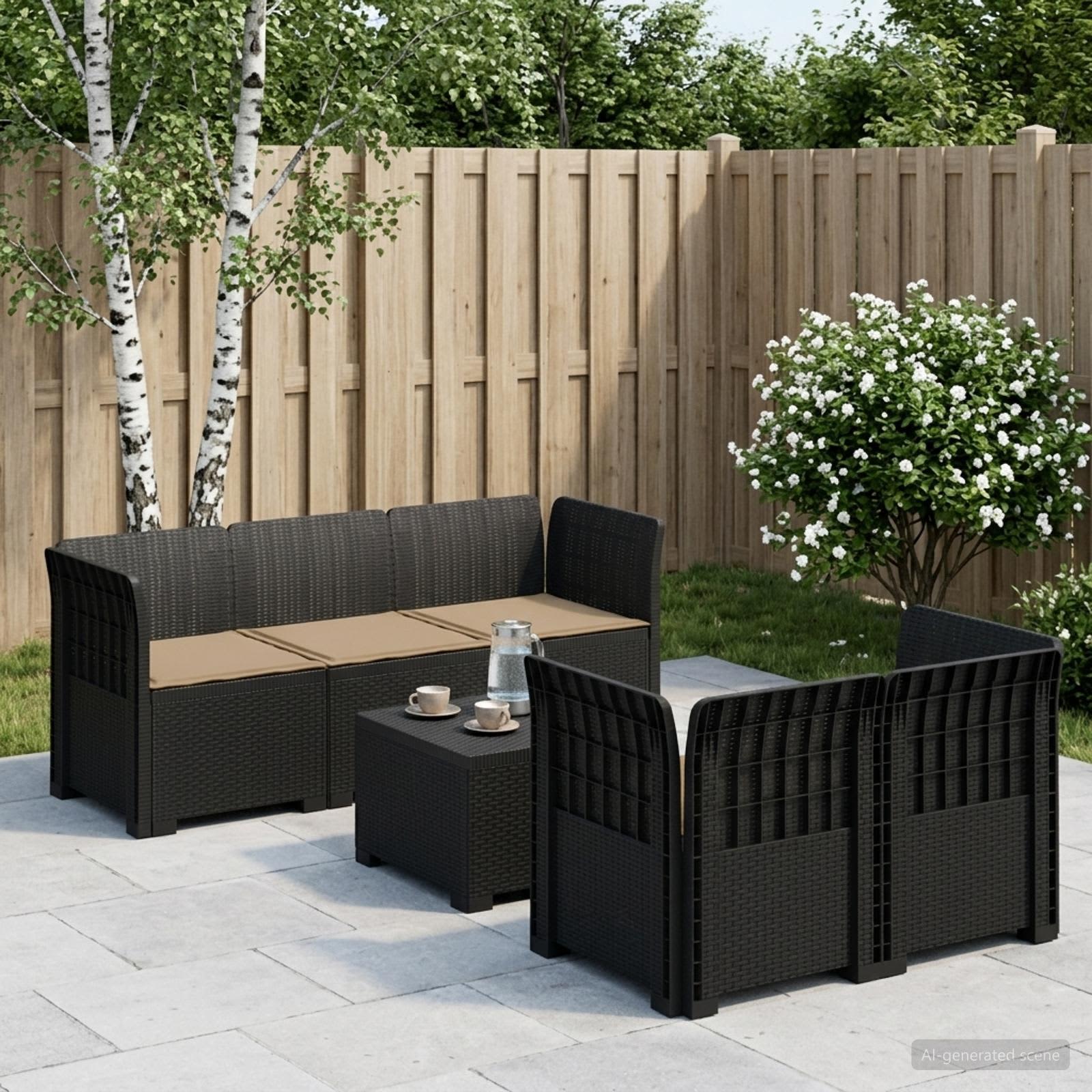 Divano da Giardino 5 Posti con Cuscini Stile Rattan PP | homemem39