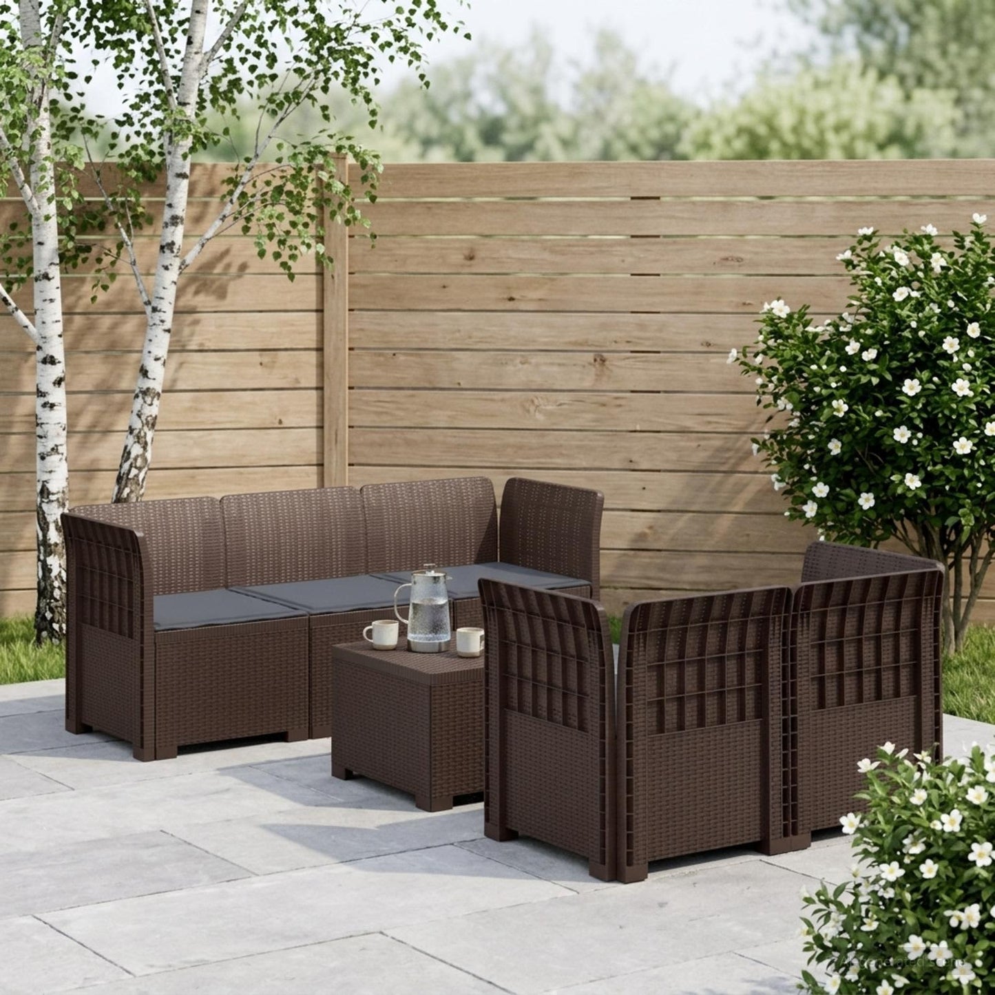 Divano da Giardino 5 Posti con Cuscini Stile Rattan PP Marrone | homemem39