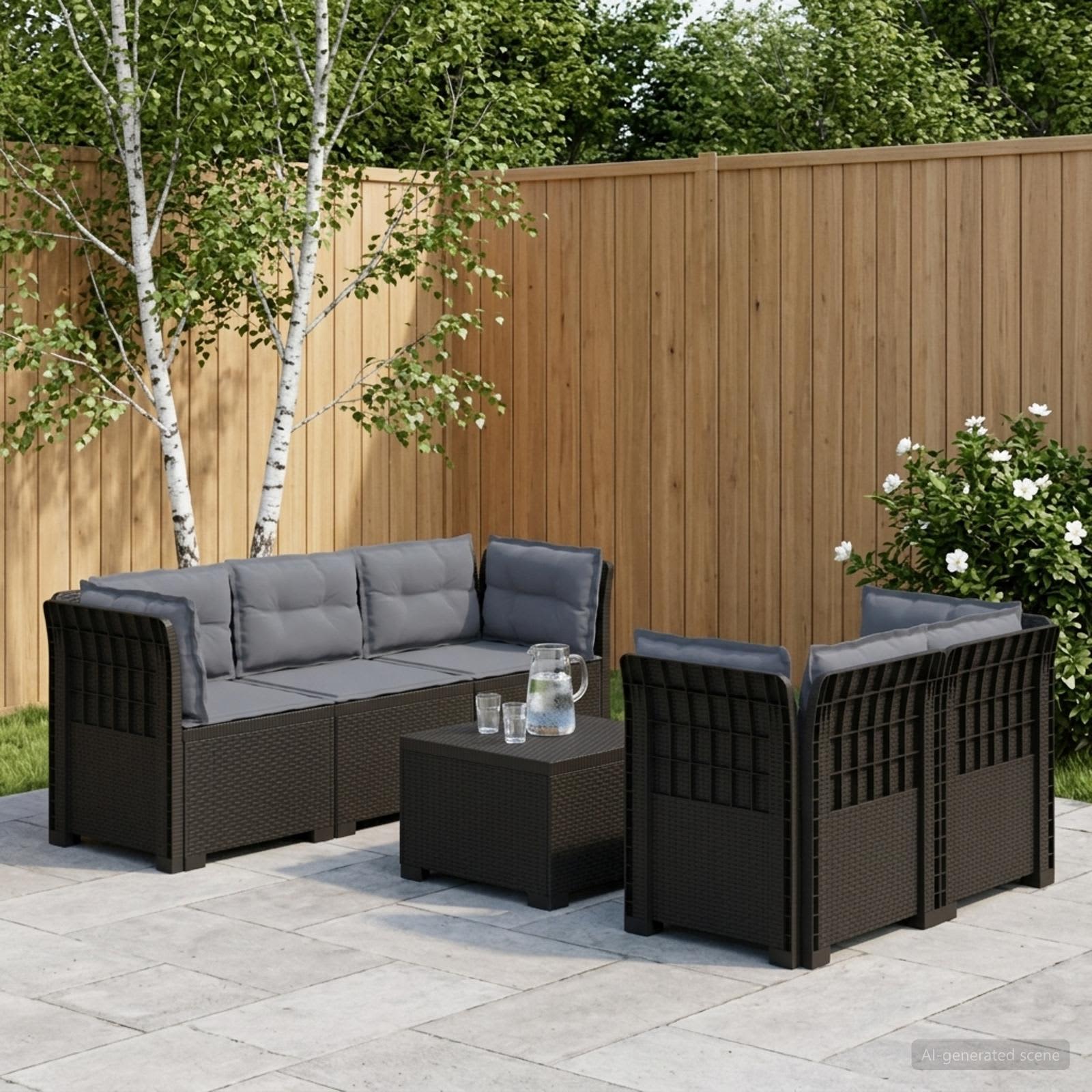Divano da Giardino 5 Posti con Cuscini Stile Rattan PP | homemem39