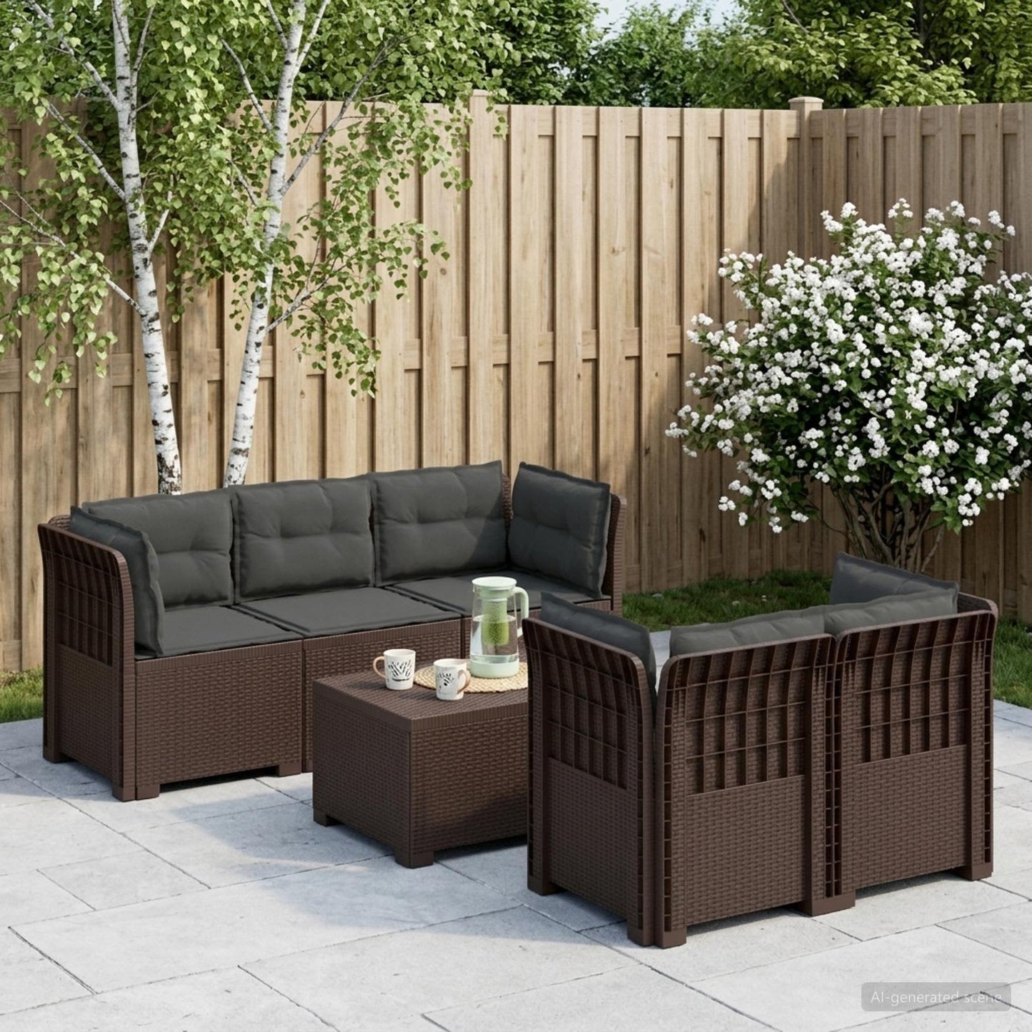 Divano da Giardino 5 Posti con Cuscini Stile Rattan PP Marrone | homemem39