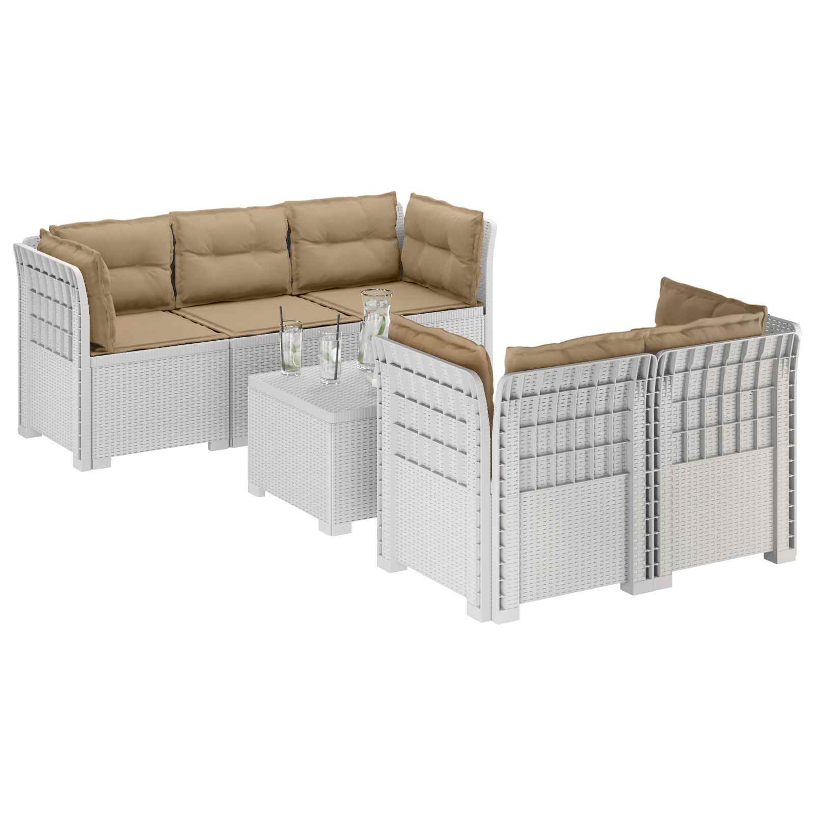 Divano da Giardino 5 Posti con Cuscini Stile Rattan PP Bianco | homemem39