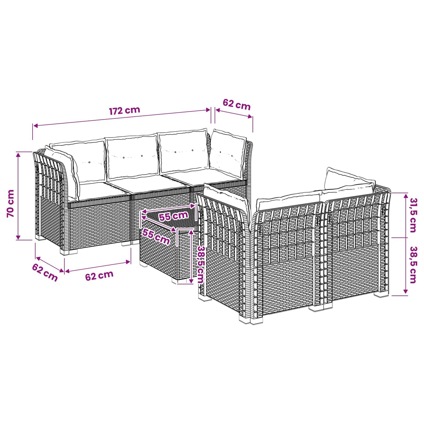 Divano da Giardino 5 Posti con Cuscini Stile Rattan PP Bianco | homemem39