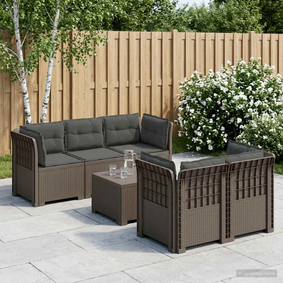Divano da Giardino 5 Posti con Cuscini Stile Rattan PP | homemem39
