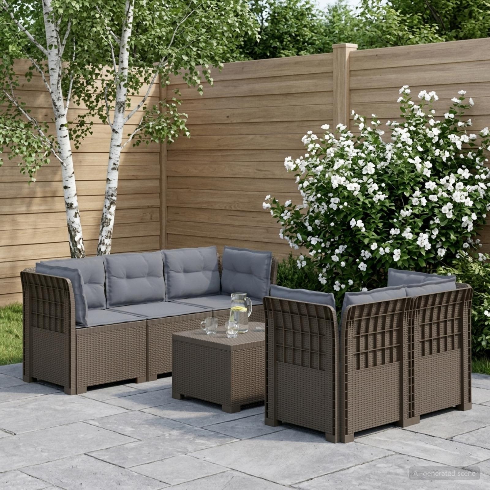 Divano da Giardino 5 Posti con Cuscini Stile Rattan PP | homemem39