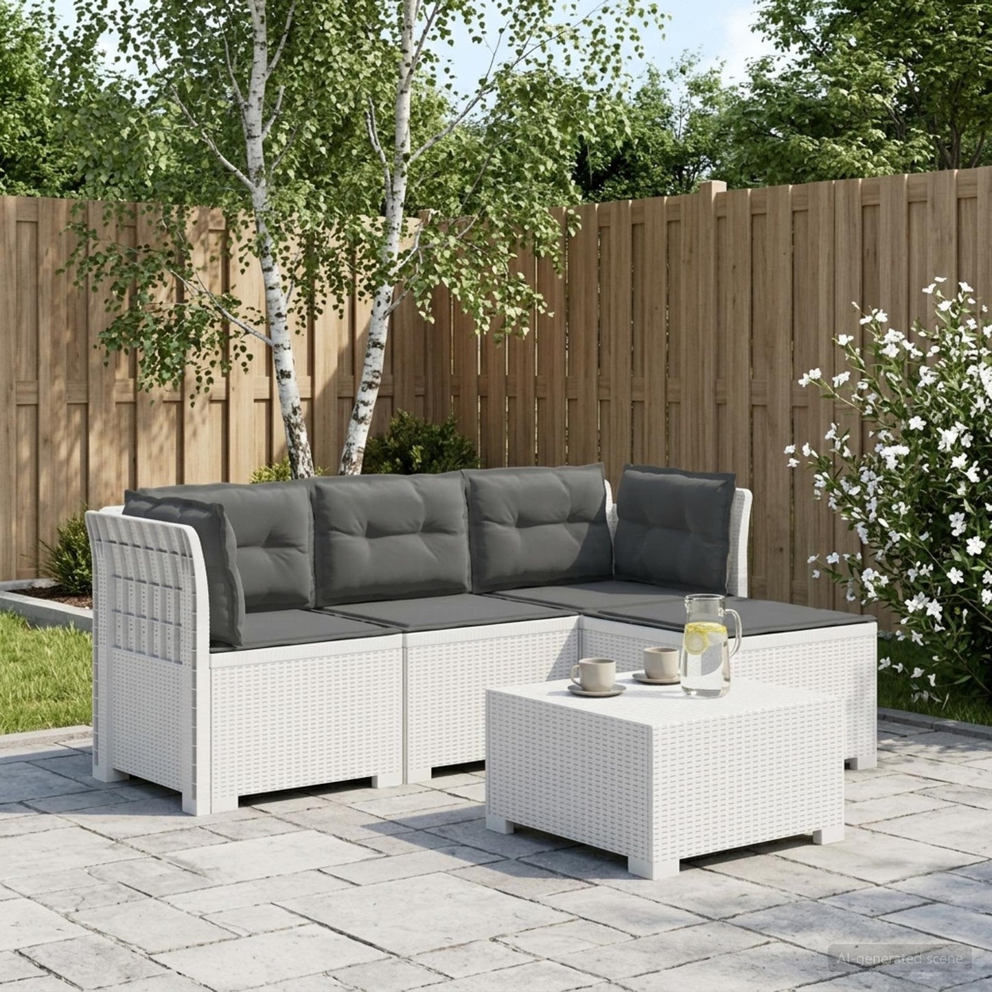 Divano da giardino 4 posti con cuscini aspetto rattan PP Bianco | homemem39
