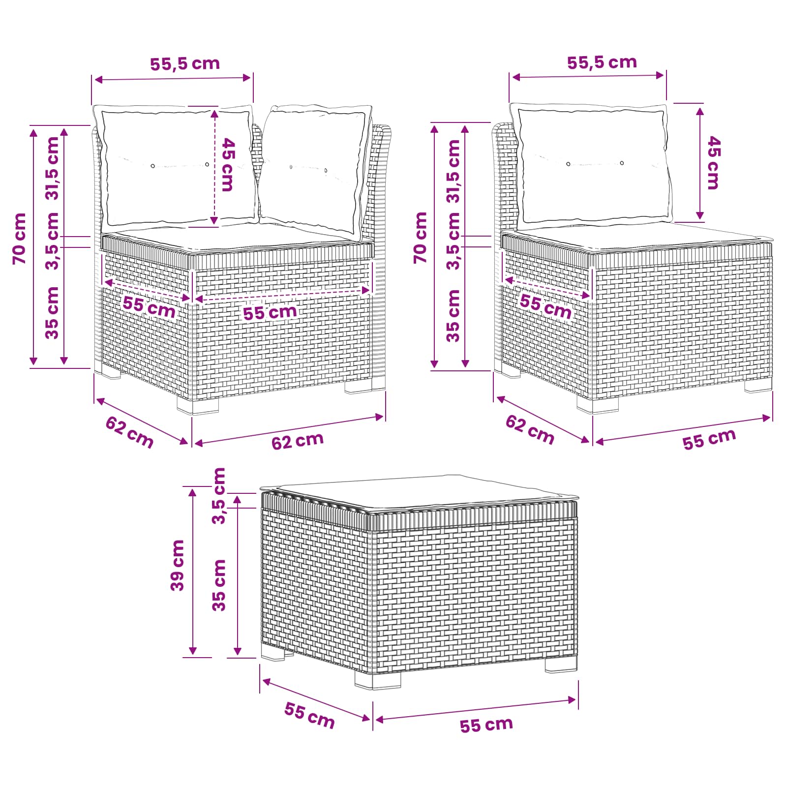 Divano da giardino 4 posti con cuscini aspetto rattan PP Bianco | homemem39