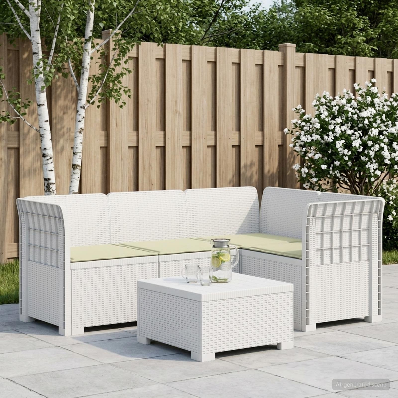 Divano da Giardino 4 Posti con Cuscini Aspetto Rattan PP Bianco | homemem39