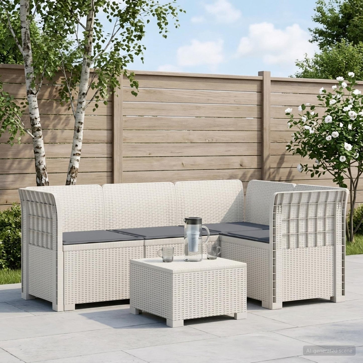 Divano da Giardino 4 Posti con Cuscini Aspetto Rattan PP Bianco | homemem39