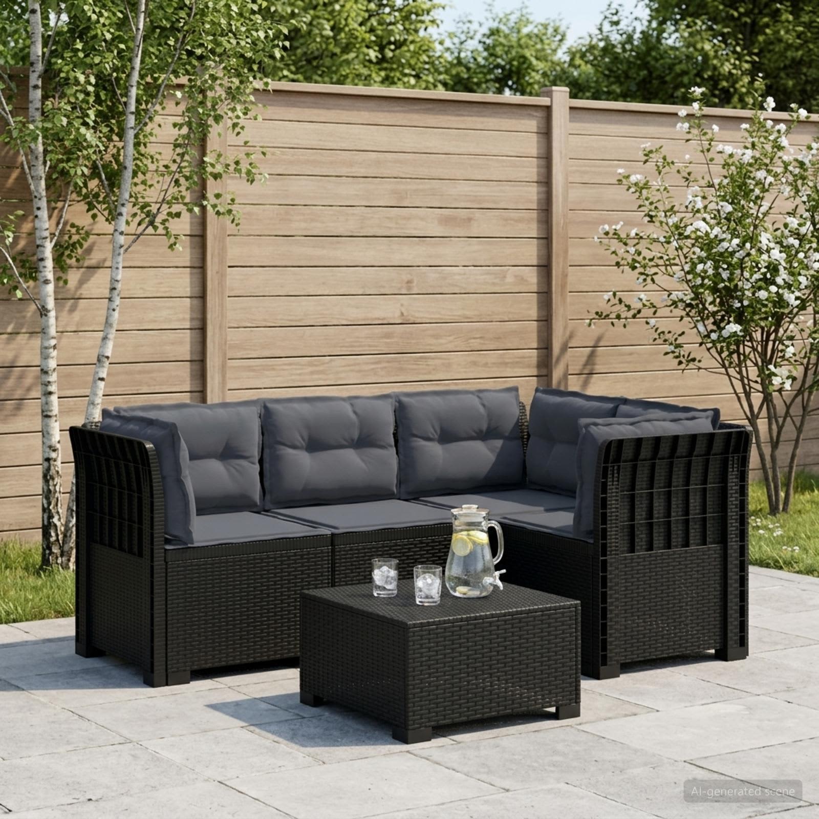 Divano da Giardino 4 Posti con Cuscini Aspetto Rattan PP | homemem39