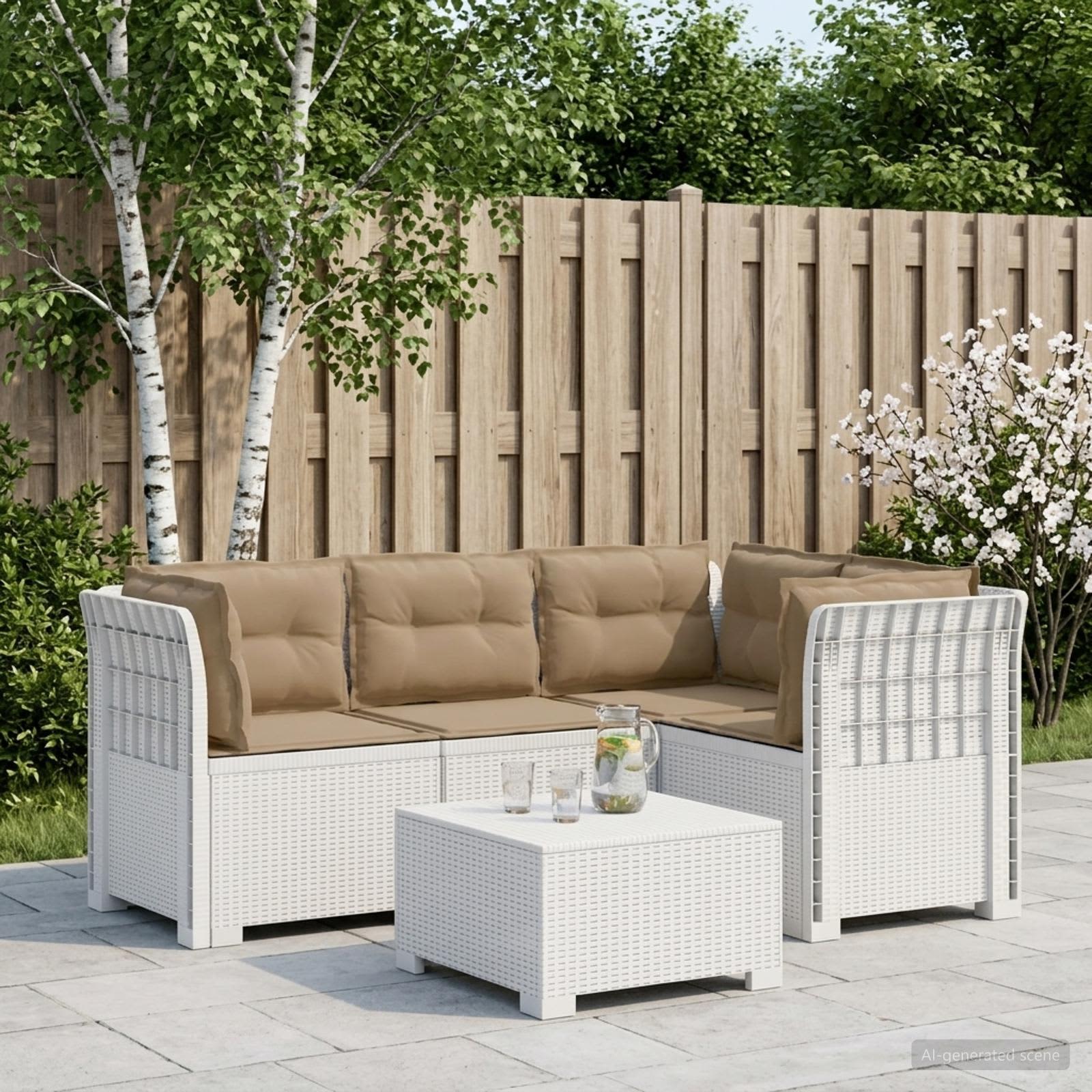 Divano da Giardino 4 Posti con Cuscini Aspetto Rattan PP Bianco | homemem39