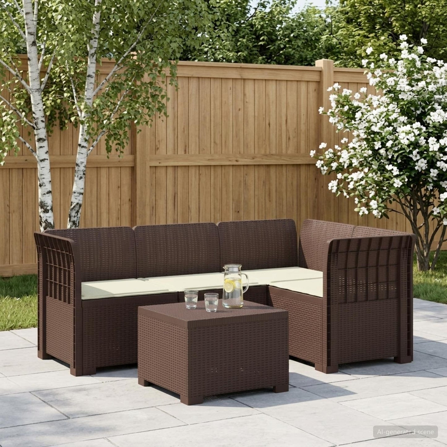 Divano da giardino 4 posti con cuscini aspetto rattan PP | homemem39