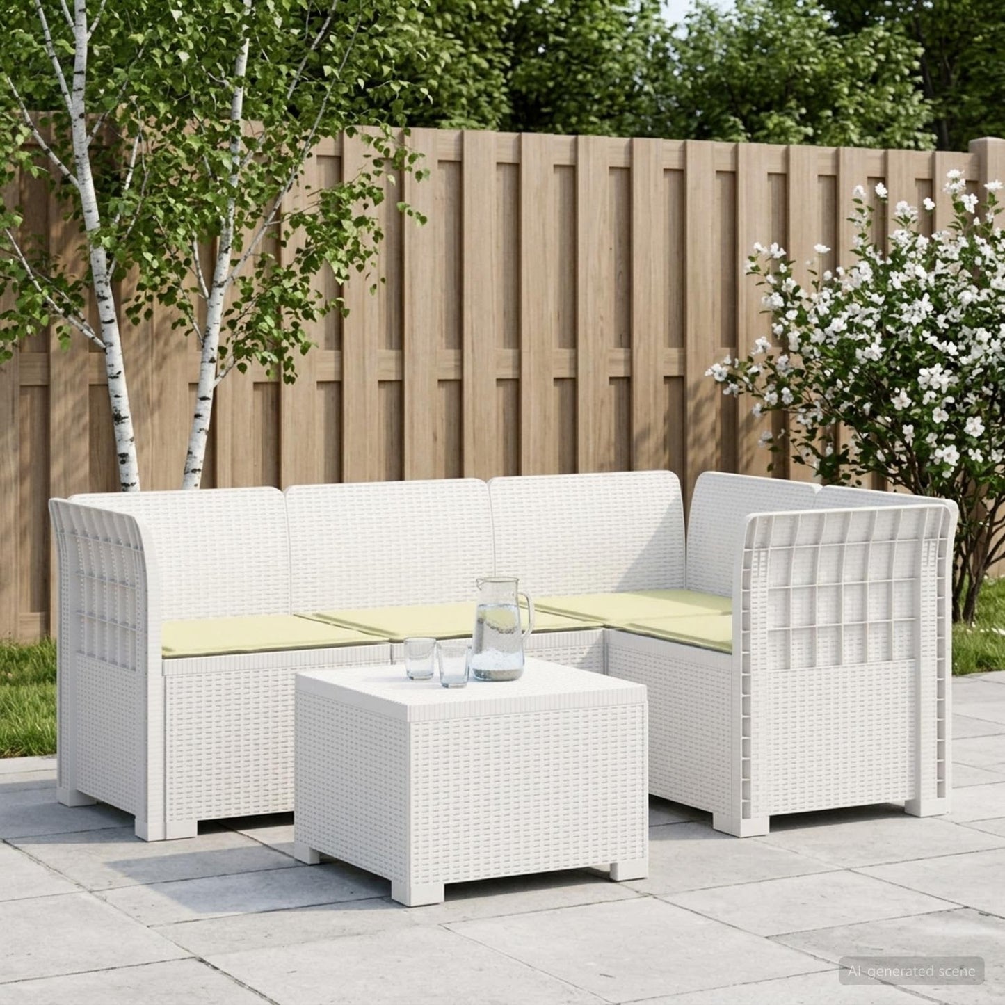 Divano da giardino 4 posti con cuscini aspetto rattan PP Bianco | homemem39