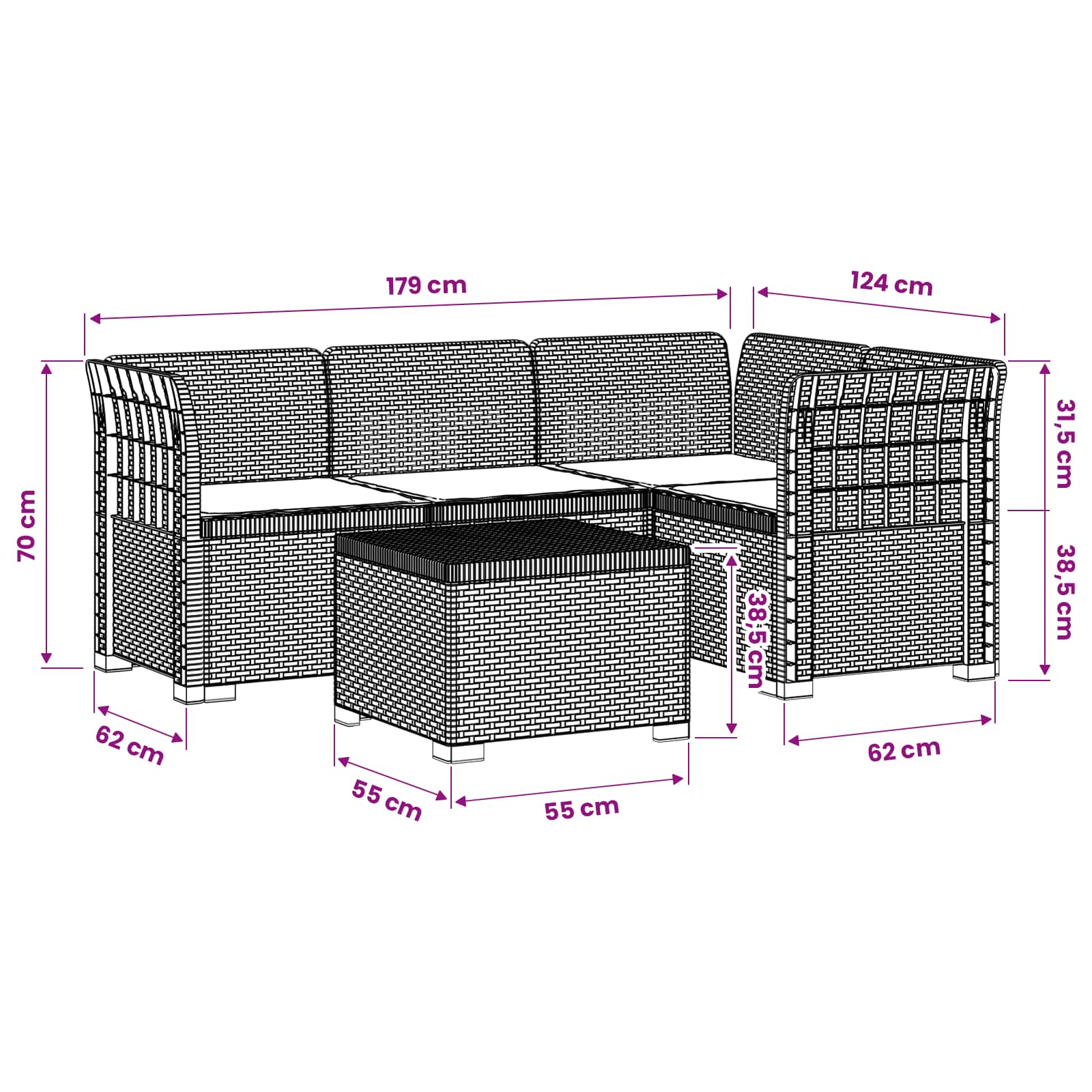 Divano da giardino 4 posti con cuscini aspetto rattan PP Bianco | homemem39