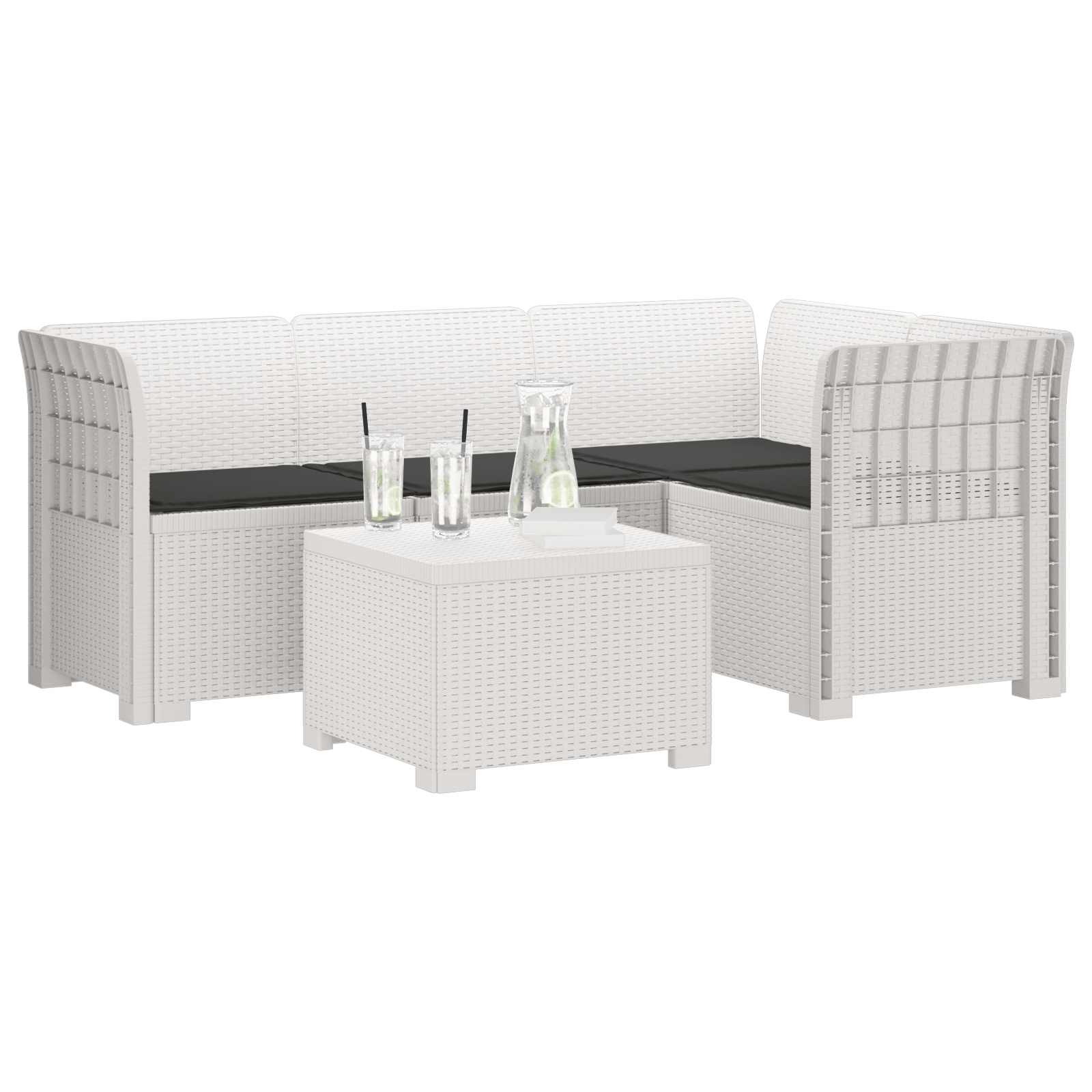 Divano da giardino 4 posti con cuscini aspetto rattan PP Bianco | homemem39