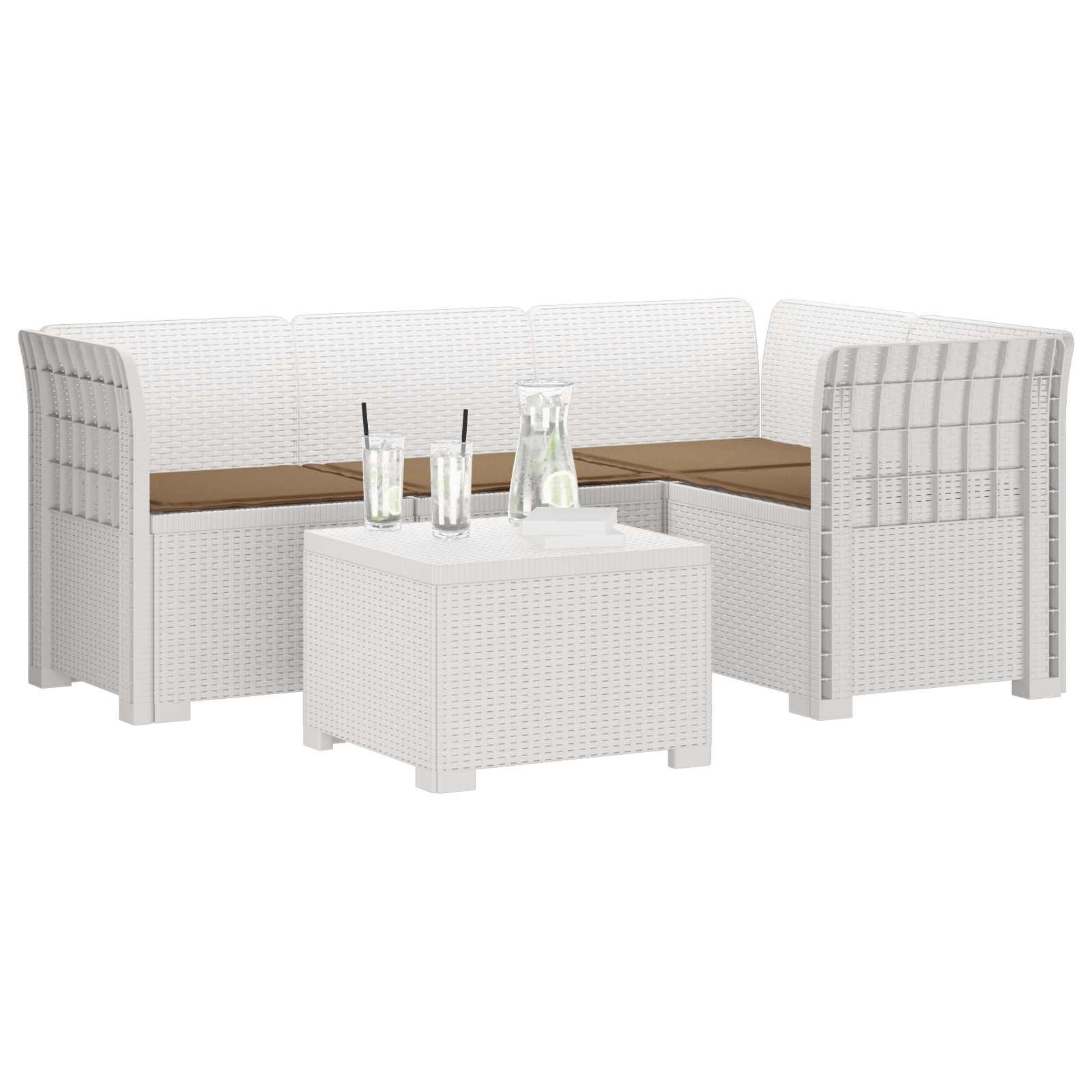 Divano da giardino 4 posti con cuscini aspetto rattan PP Bianco | homemem39