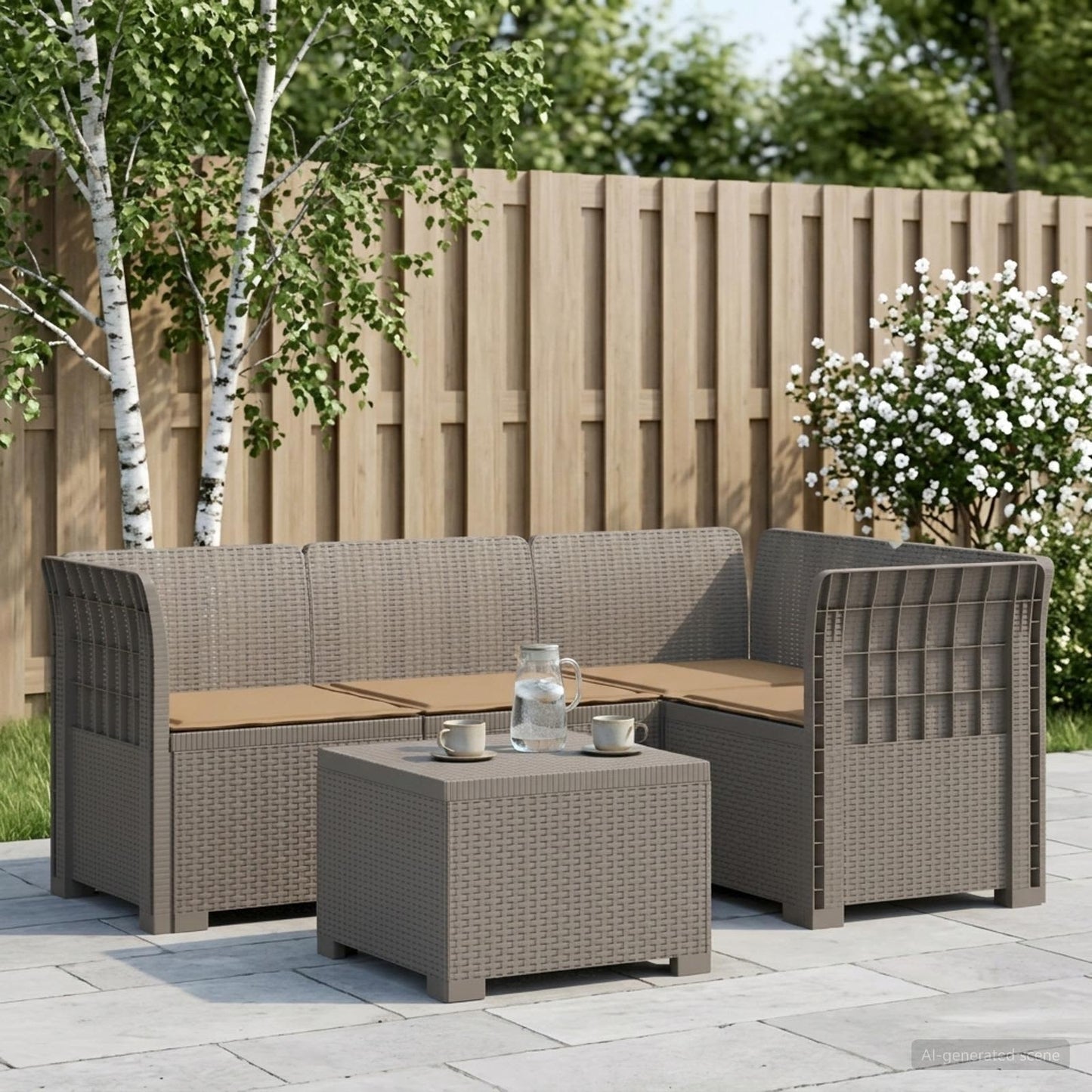 Divano da giardino 4 posti con cuscini aspetto rattan PP | homemem39