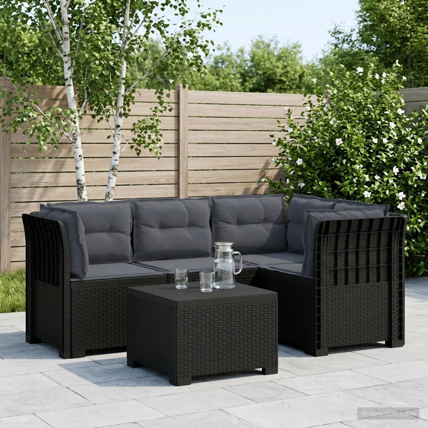 Divano da giardino 4 posti con cuscini aspetto rattan PP | homemem39