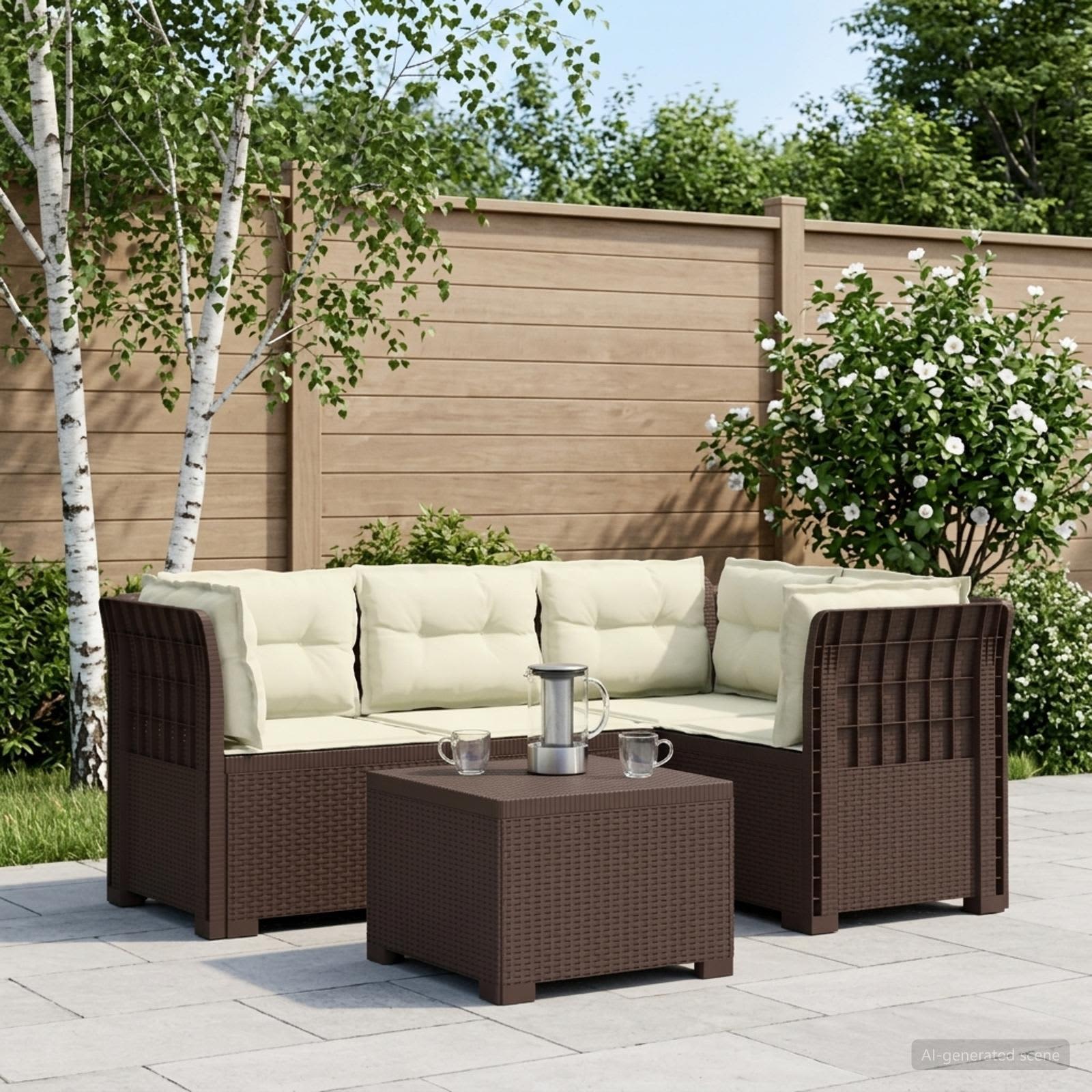Divano da giardino 4 posti con cuscini aspetto rattan PP | homemem39