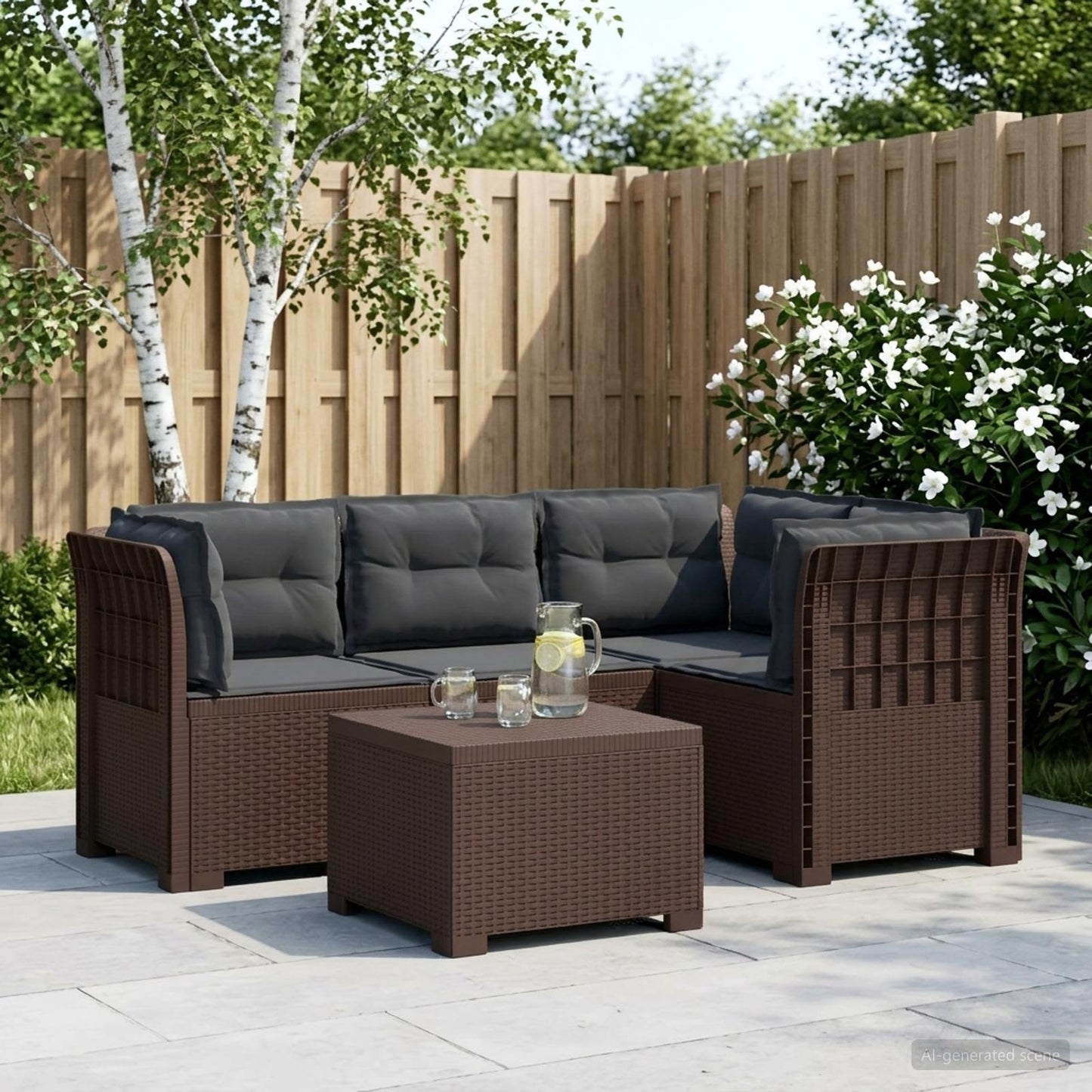 Divano da giardino 4 posti con cuscini aspetto rattan PP | homemem39