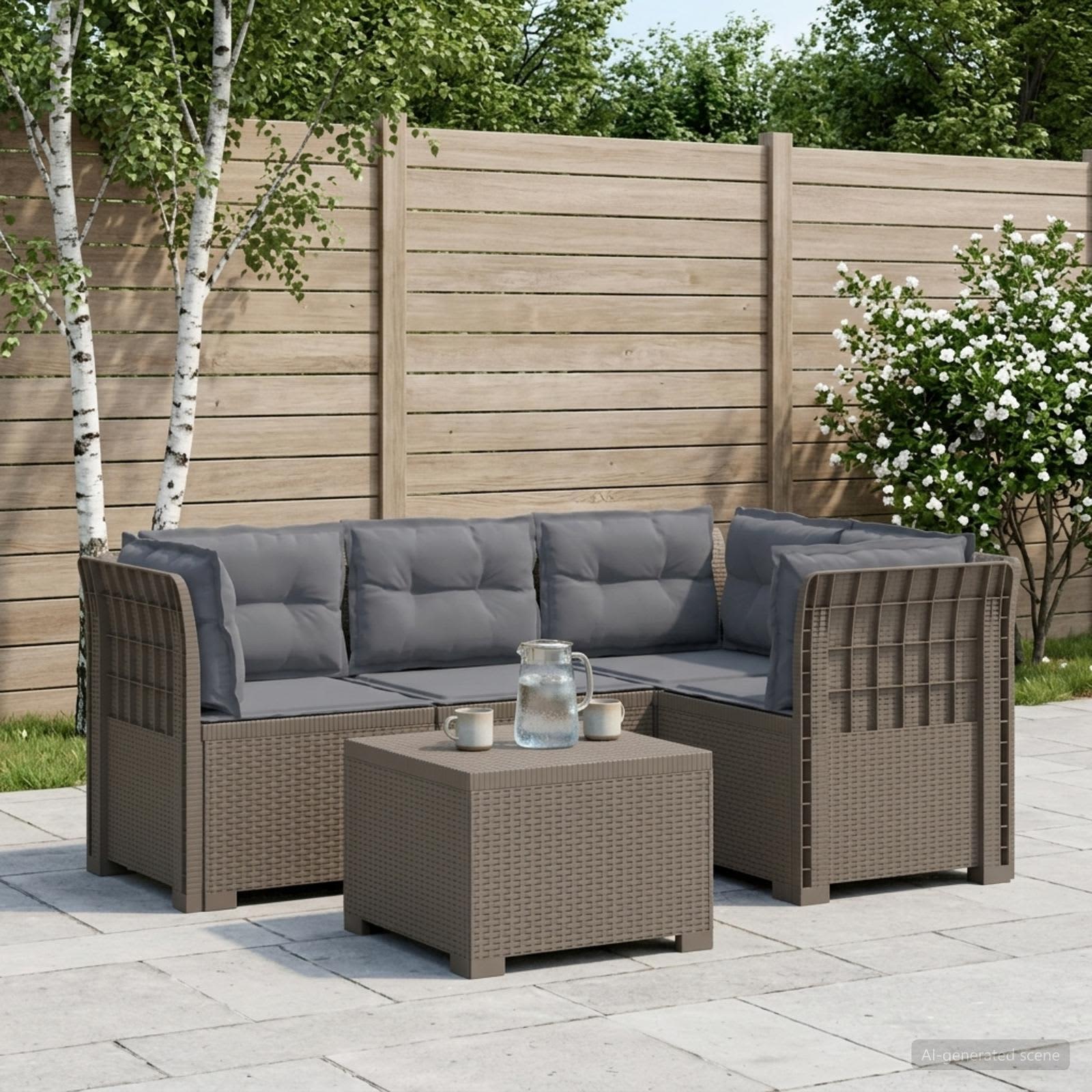 Divano da giardino 4 posti con cuscini aspetto rattan PP | homemem39