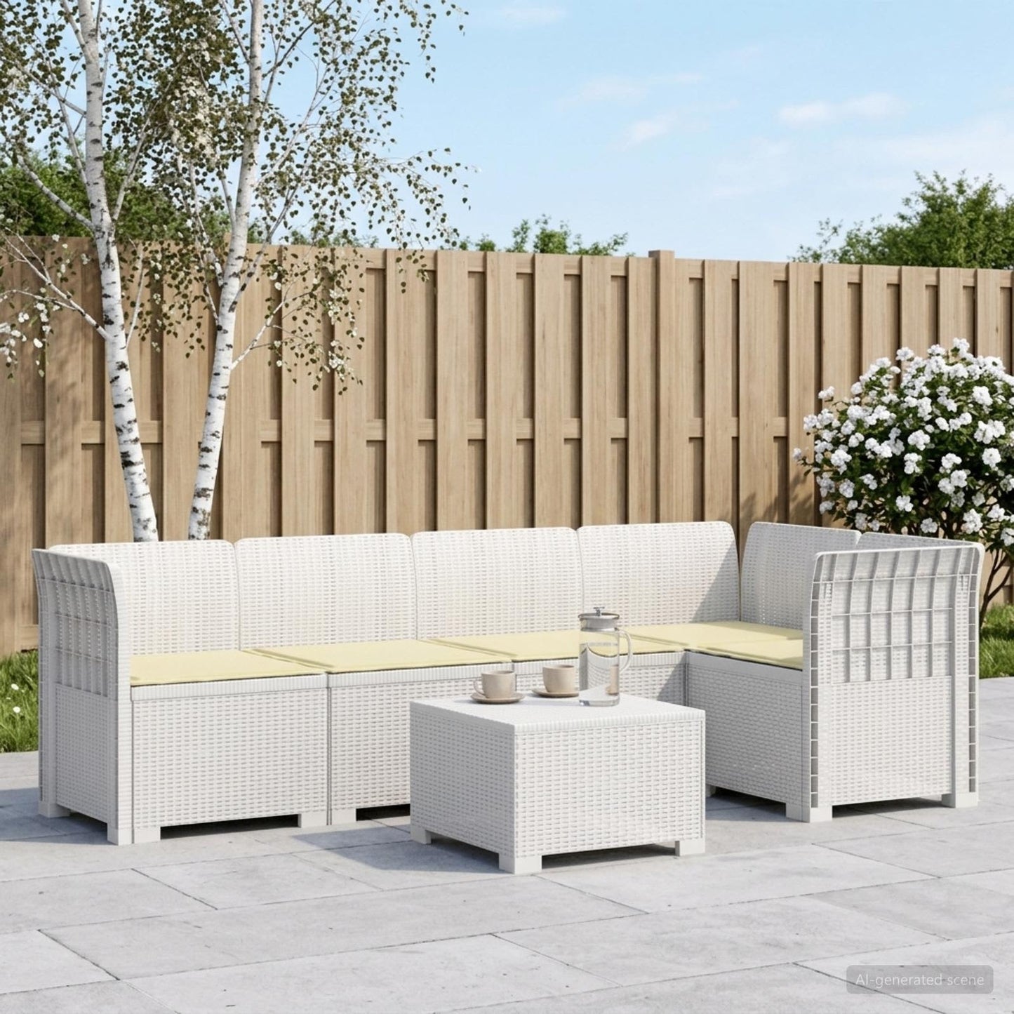 Divano da Giardino 5 Posti con Cuscini Stile Rattan PP Bianco | homemem39