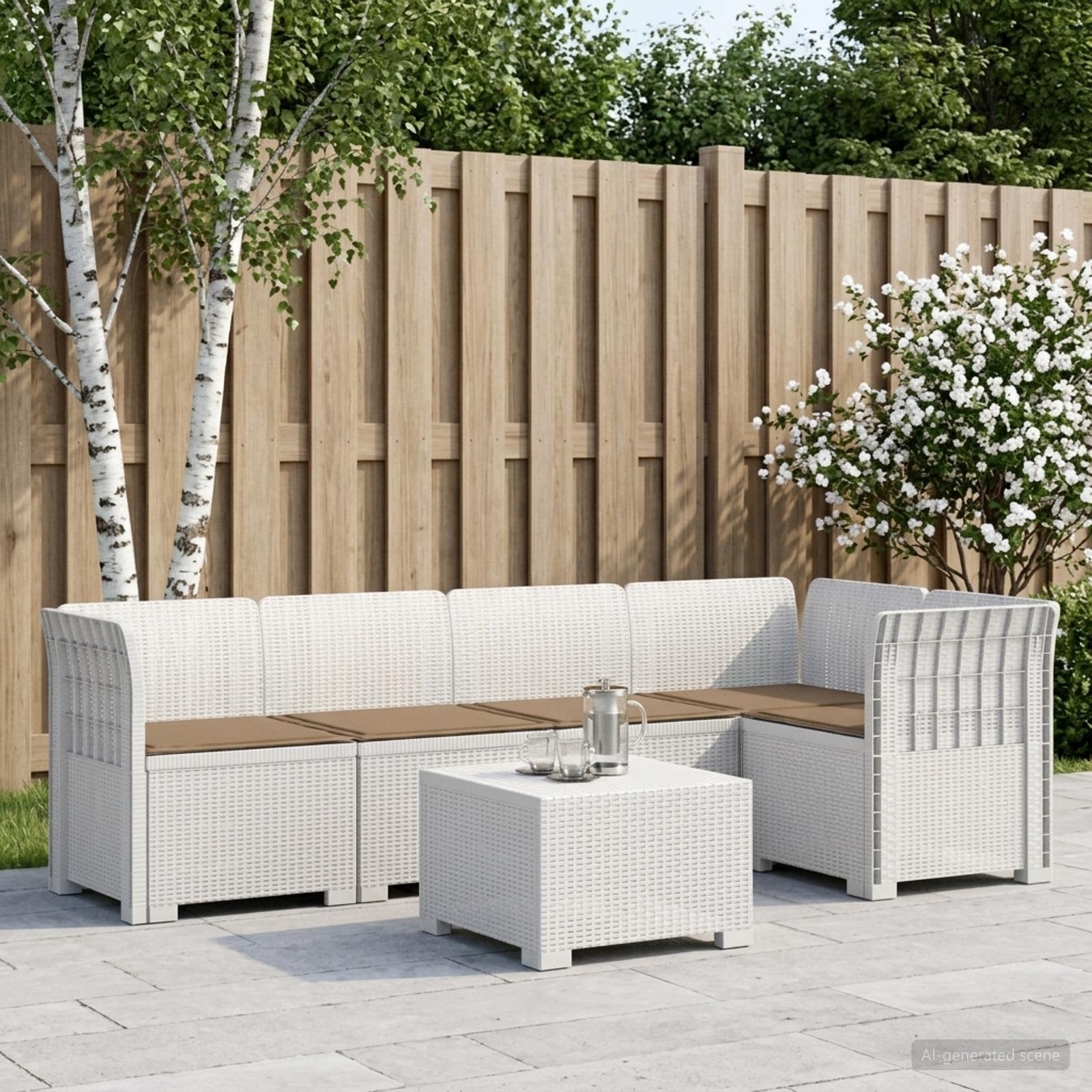 Divano da Giardino 5 Posti con Cuscini Stile Rattan PP Bianco | homemem39