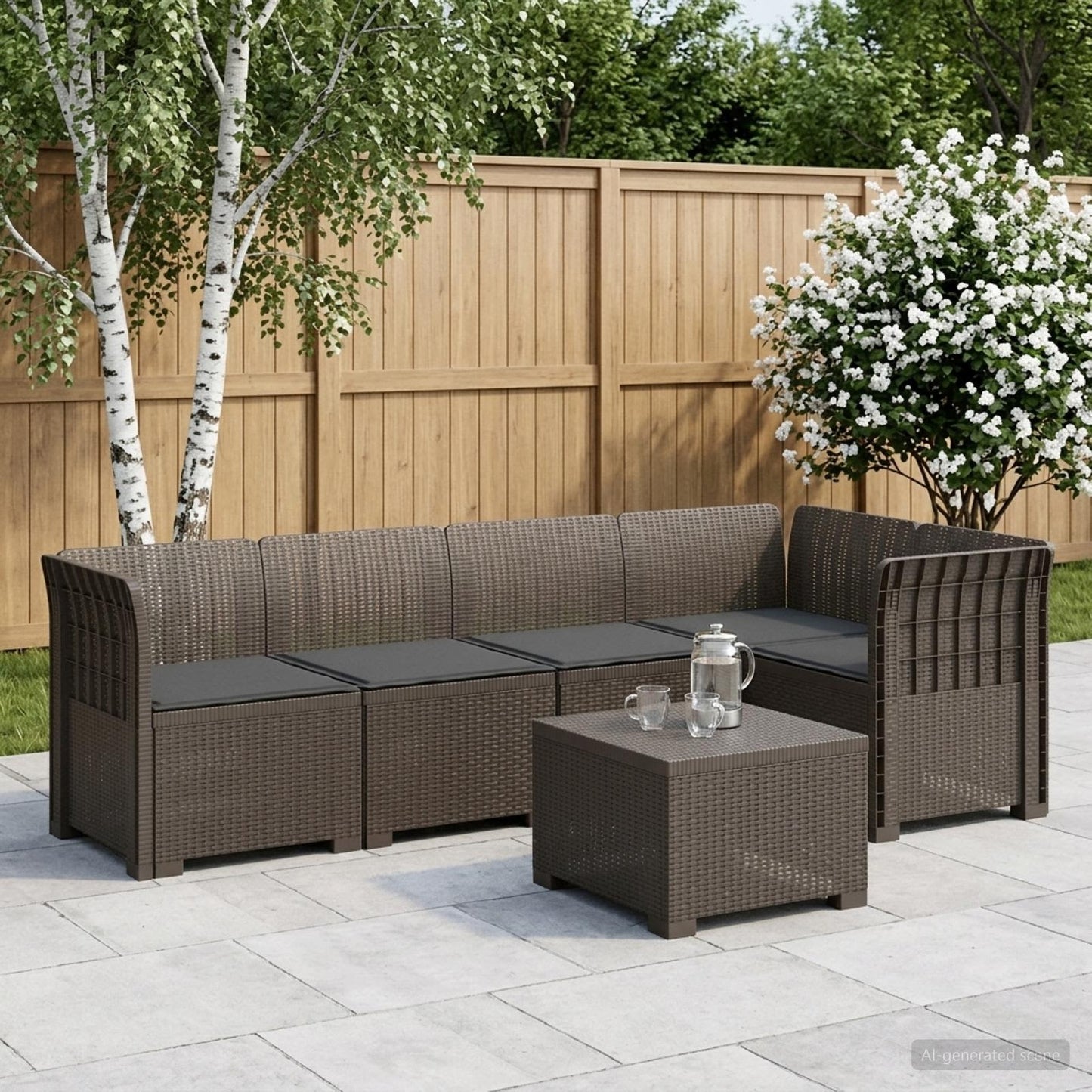 Divano da Giardino 5 Posti con Cuscini Stile Rattan PP | homemem39