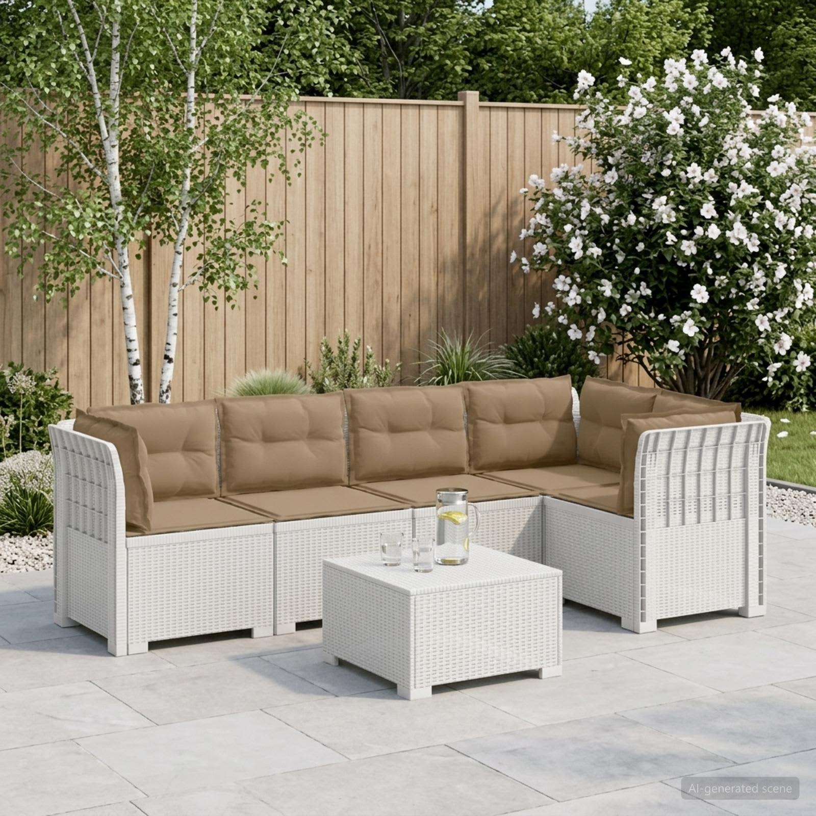 Divano da Giardino 5 Posti con Cuscini Stile Rattan PP Bianco | homemem39